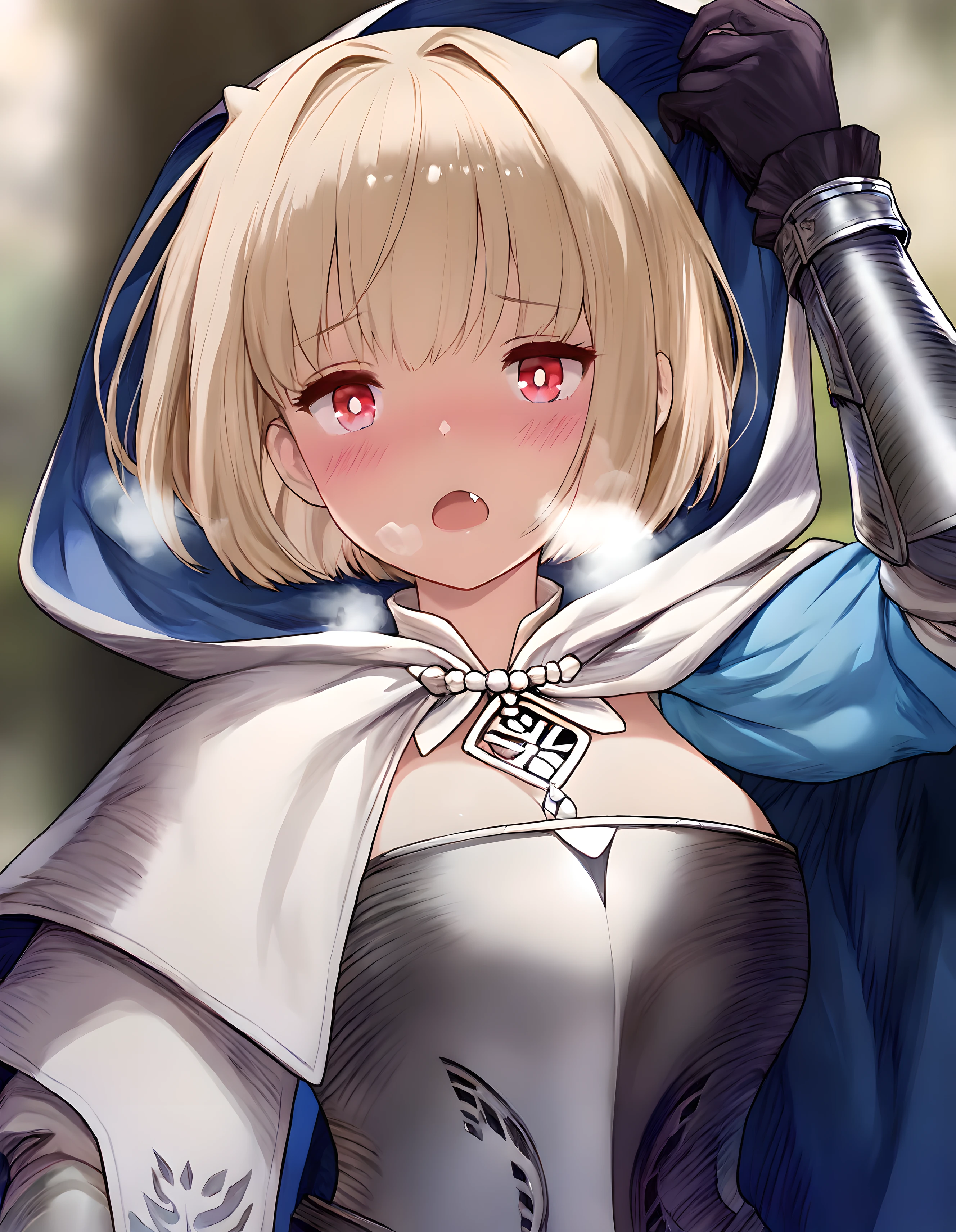 <lora:illustrious_XL_Justia:0.9>,Justia,masterpiece,best quality,good quality,1girl,solo,red eyes,looking at viewer,hood,hooded cloak,jewelry,armor,gauntlets,gloves,blush,open mouth,fang,take off the hood,heavy_breathing,upper body,