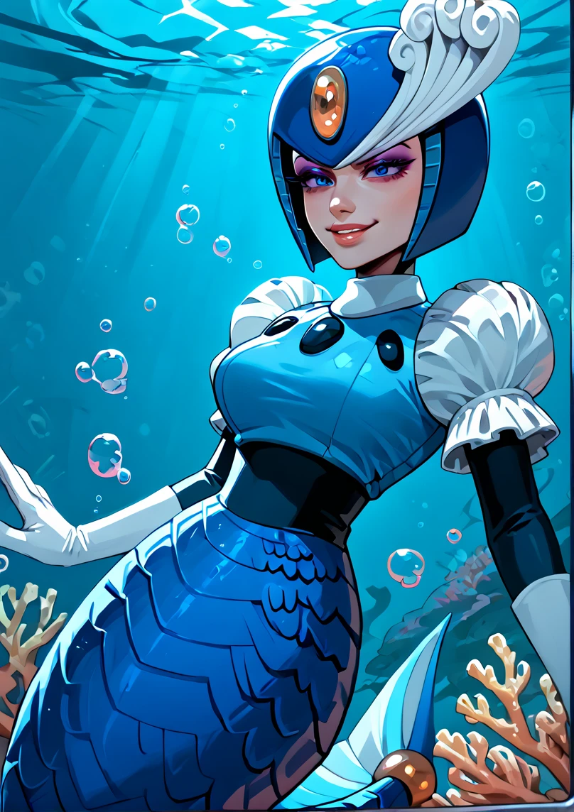 1girl,
score_6, score_7, score_8, score_9,
masterpiece, best quality, highly detailed, lips, eyeshadow,
 <lora:Splash_Woman:1.2>, blue eyes, white gloves, white design on helmet, purple eyeshadow, yellow emulate on helmet, female robot, blue mermaid tail, blue helmet, blue overshirt, puffy short sleeves, mermaid tail, black underturtleneck, long sleeves,
sassy, snob, smug, underwater, bubbles,