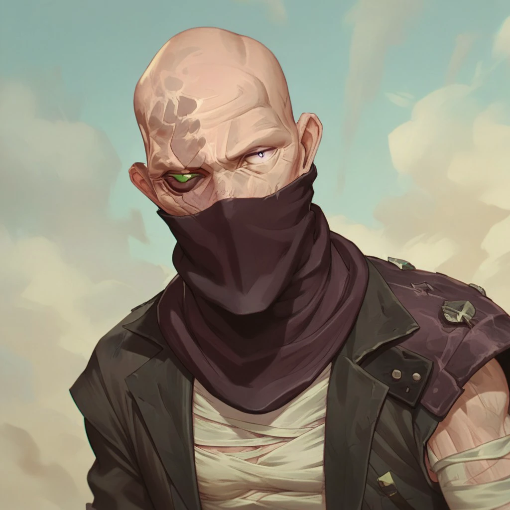 male focus, solo focus, solo, score_9, score_8_up, score_7_up, 1boy, ArcaneSingedV1, heterochromia, bandages, jacket, green eyes, shirt, scar, bald, bandama, mask