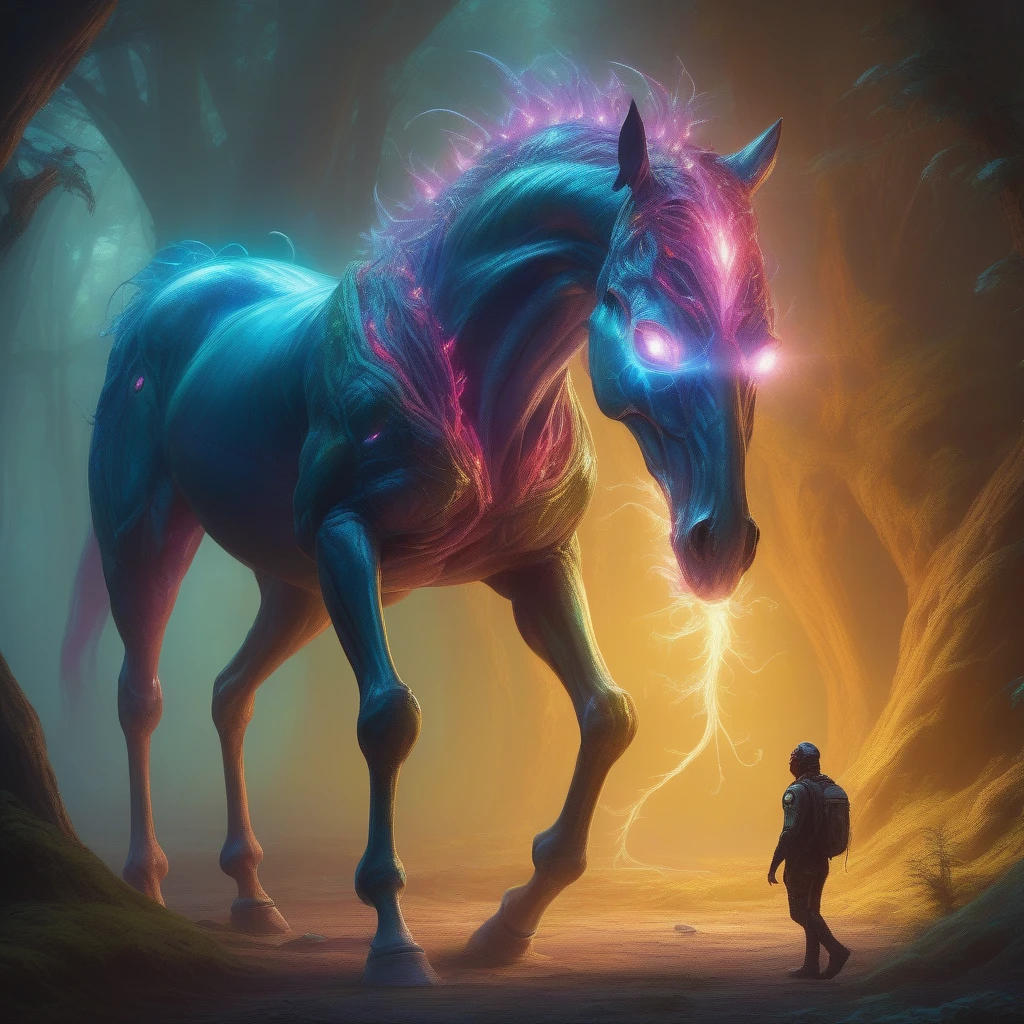 a colorful glowing alien plant type devouring a horse **** creature,colorful and luminescent alien environment concept,art ****,geotho,by geoffroy thoorens,arcane style,artistic,very detailed,