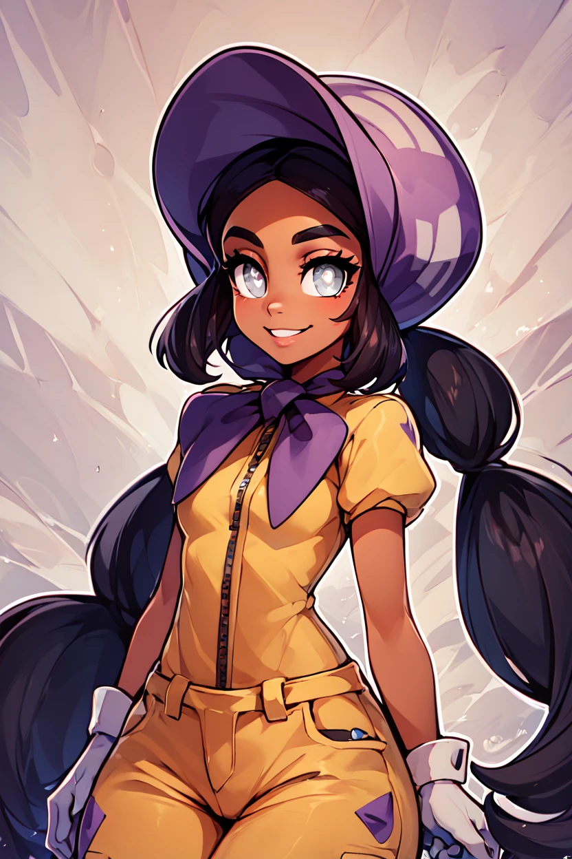 score_9, score_8_up, score_8, medium breasts, (curvy), cute, eyelashes,       ,,, , ,,, zzHapu, grey eyes, black hair, long hair, twintails, very long hair, dark skin, bright pupils, white pupils, gloves, purple bonnet, short sleeves, jumpsuit,   <lora:Hapu_Pokemon_PDXL:1.0>,    ,,,, BREAK, smile, looking at viewer, ,,, abstract background, white outline, cowboy shot, ,,, embedding:zPDXL, Expressiveh, ,,, <lora:CatalystStylePDXL:0.6>, <lora:SDXLFaeTastic2400:0.5>, <lora:Expressive_H-000001:0.4>,