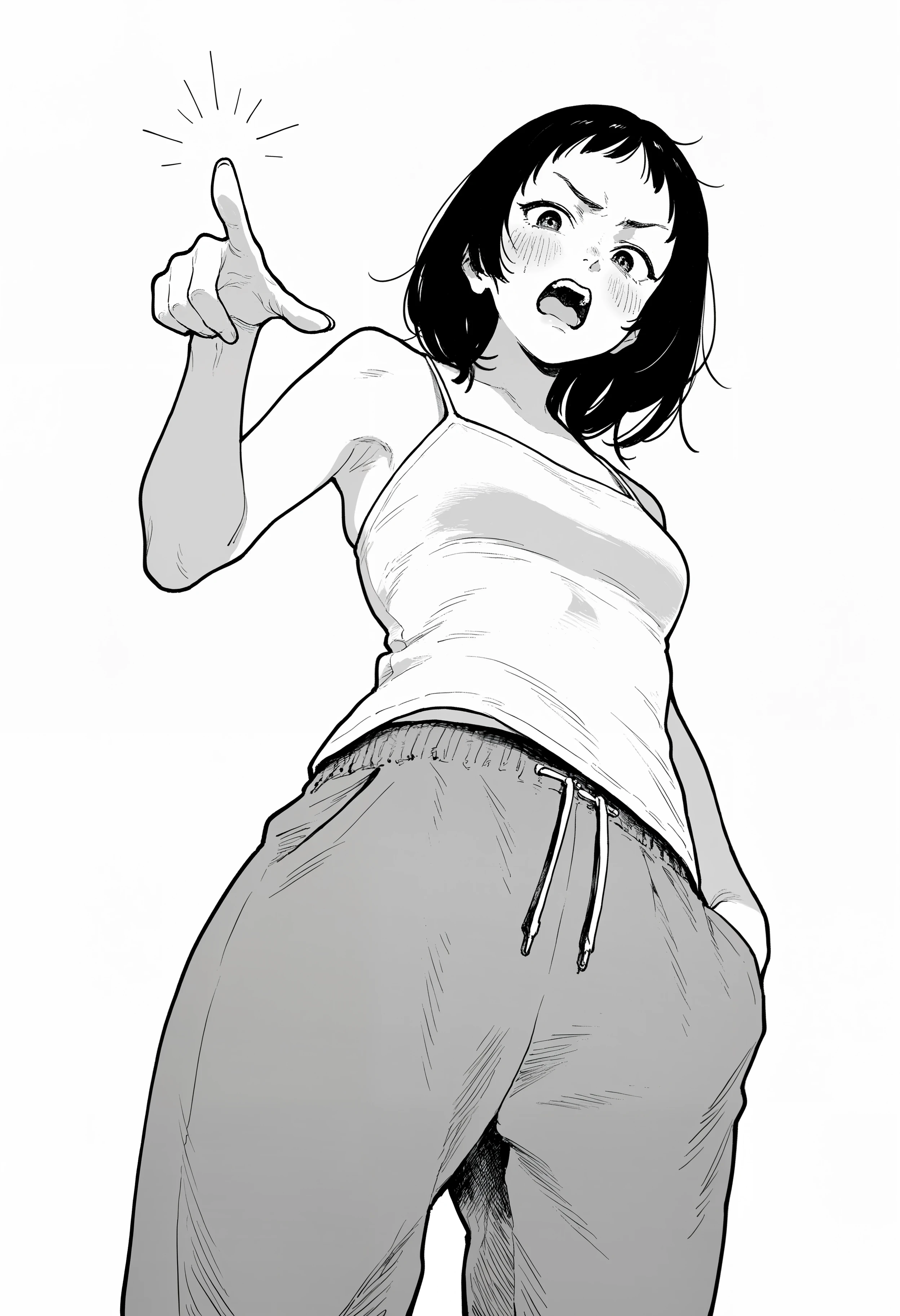 amazing quality, newest, absurdres, realistic, white background, monochrome, hatching \(texture\),   1girl, solo, sweatpants, spaghetti strap, medium hair, short bangs, looking at viewer, embarrassed, blush, v-shaped eyebrows, from below, pointing down, flustered, hand in pocket, dutch angle, open mouth,   <lora:takayanagi_katsuya:0.8>