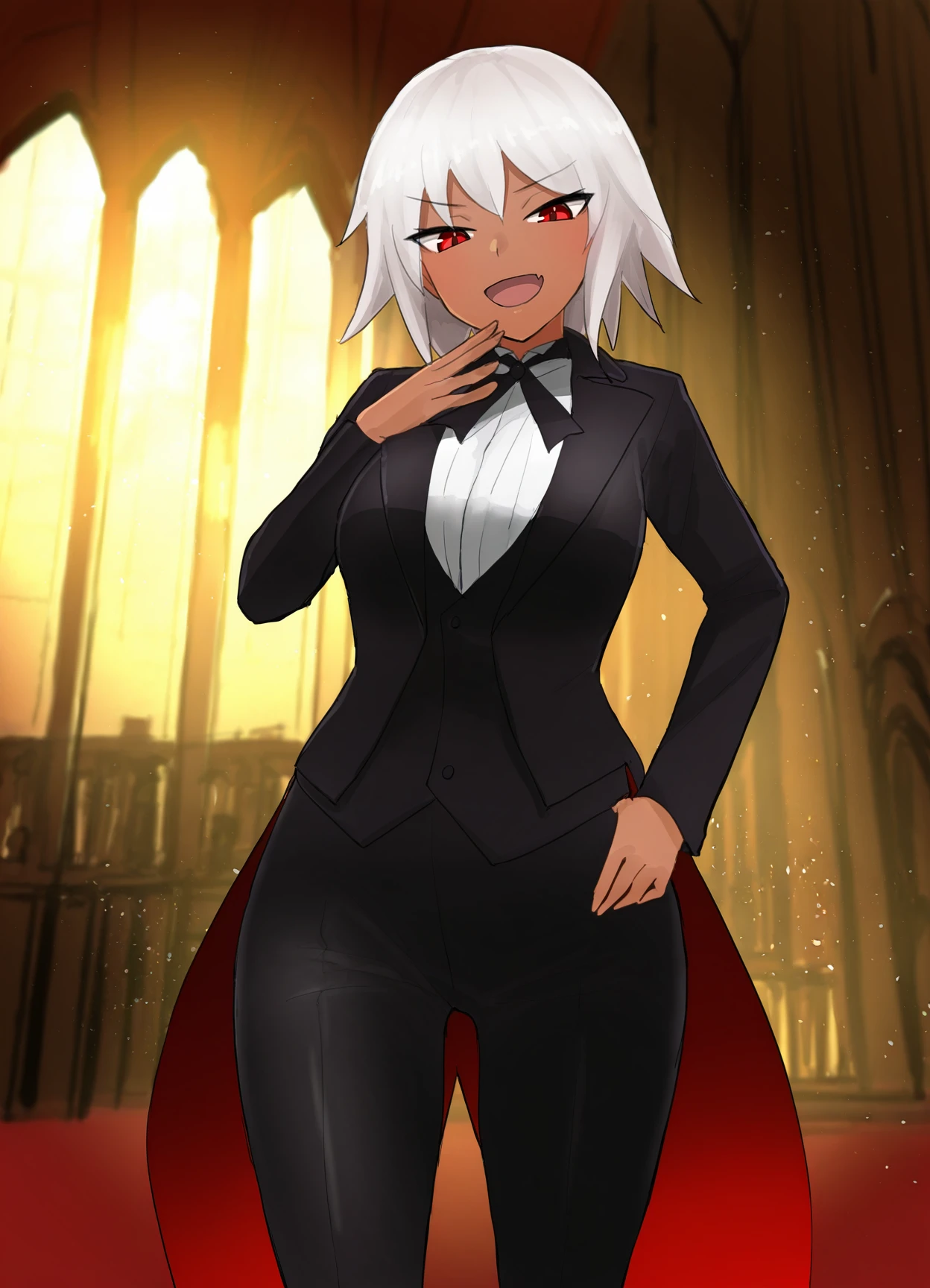 masterpiece, best quality, amazing quality, very aesthetic, absurdres, newest, scenery,extreme detail, 8k,
light particles, soft lighting, volumetric lighting, intricate details, finely detailed, detailed eyes,
1girl, solo, vampire, white hair, dark-skin, dark skinned female, (tailcoat,tuxedo,frock coat:1.2), thighhighs, looking at viewer, standing, red eyes, mansion,bedroom, trousers,shirt,vest, smug, smirk, shiny skin, (medium breasts:1.3), thick, fang, half-open mouth,
 <lora:IllustriousXL_Ibara-d_Style:1>