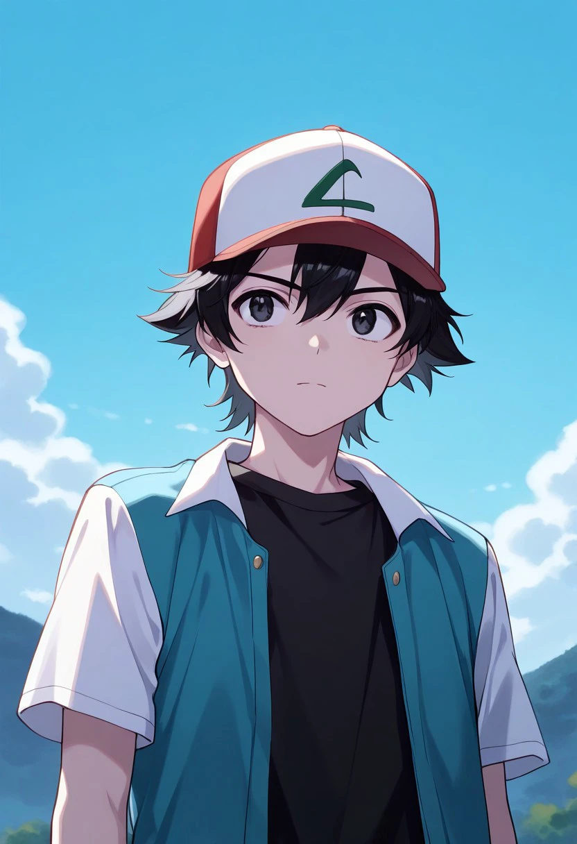 masterpiece, best quality, 
ashpk, 1boy, male focus, solo, black eyes, black hair, hair between eyes, hat, baseball cap, shirt, black shirt, multicolored clothes, multicolored jacket, jacket, blue jacket, white jacket, open jacket, open clothes, short sleeves,
outdoor, sky,