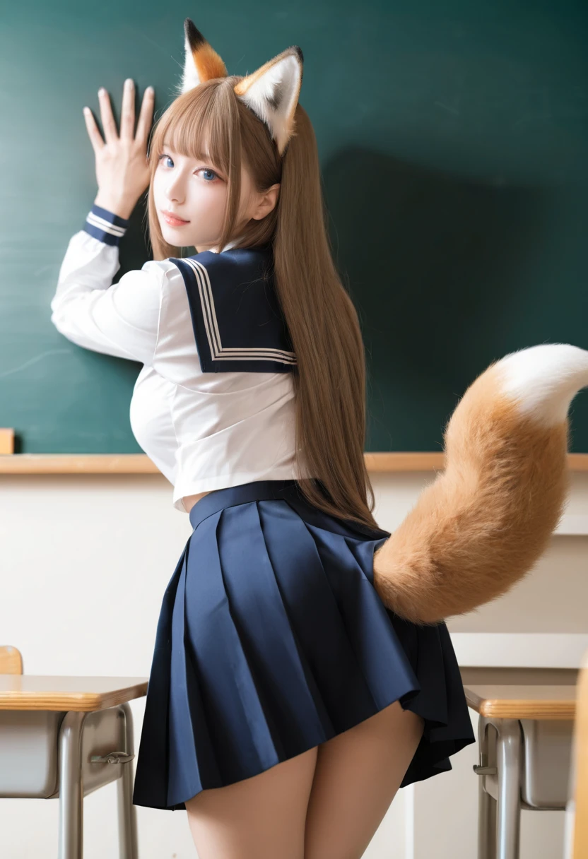 very awa,masterpiece,best quality,year 2024,newest,highres,absurdres,flash photography
(realistic,photorealistic,cosplay photo:1.2),DSLR,1girl,fox ears,tail under skirt,hand against wall,looking back,blue eyes,cowboy shot, from behind,from side, classroom,school uniform,