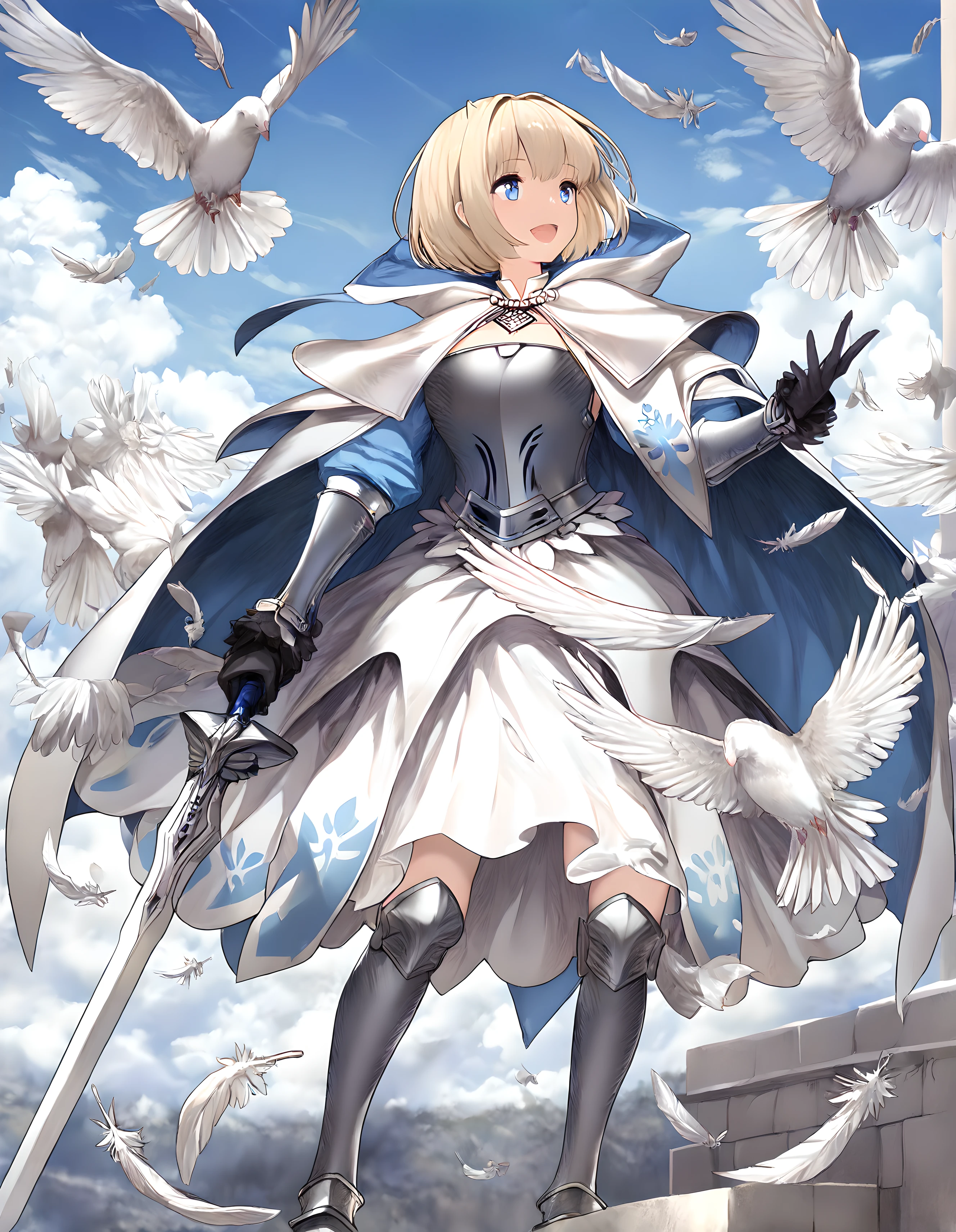 <lora:illustrious_XL_Justia:0.9>,Justia,masterpiece,best quality,good quality,1girl,solo,knight,cape,armored dress,breastplate,gauntlets,black gloves,greaves,armored boots,smile,open mouth,standing,full body,holding weapon,sword,holding sword,feathers,outdoors,day,blue sky,sky,cloud,dove,feathers,