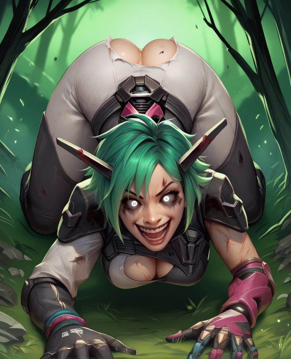 score_9,score_8_up,score_7_up,score_6_up,
alterxl,white eyes,black sclera,green hair,short hair,white bodysuit,gloves,clothing cutout,smile,
crazy smile,laughing,ass up,open mouth,
low ponytail,mechanical horns,torn clothes,cleavage,light injury,
all fours,
night,battlefield,solo,
<lora:alterxl-apl12v2:0.9>,