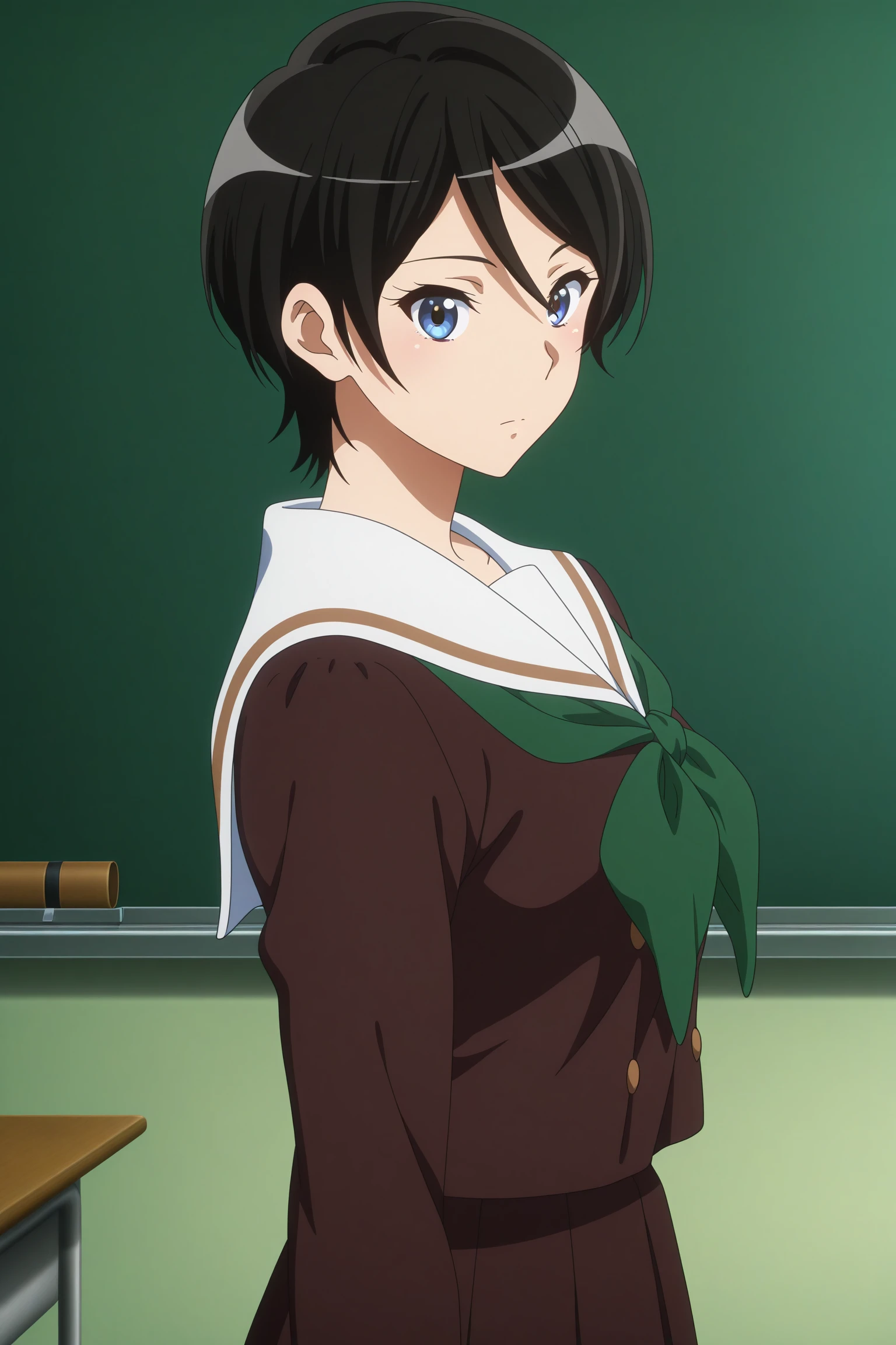 masterpiece, best quality, amazing quality, highres, absurdres, very aesthetic, high resolution, ultra detailed, perfect details, 1girl, solo, indoors, classroom, medium breasts, suzuki mirei, short hair, hair between eyes, blue eyes, school uniform, serafuku, brown uniform, white sailor collar, green neckerchief, long sleeves, white sleeves end, brown skirt, pleated skirt, black kneehighs, loafers, <lora:Mirei_Suzuki_ILXL:0.8>, (aged up:1.4), (upper body:1.5), (anime coloring:2), (anime screencap:2), expressionless, from side, from above, (pose:1.2), looking at viewer