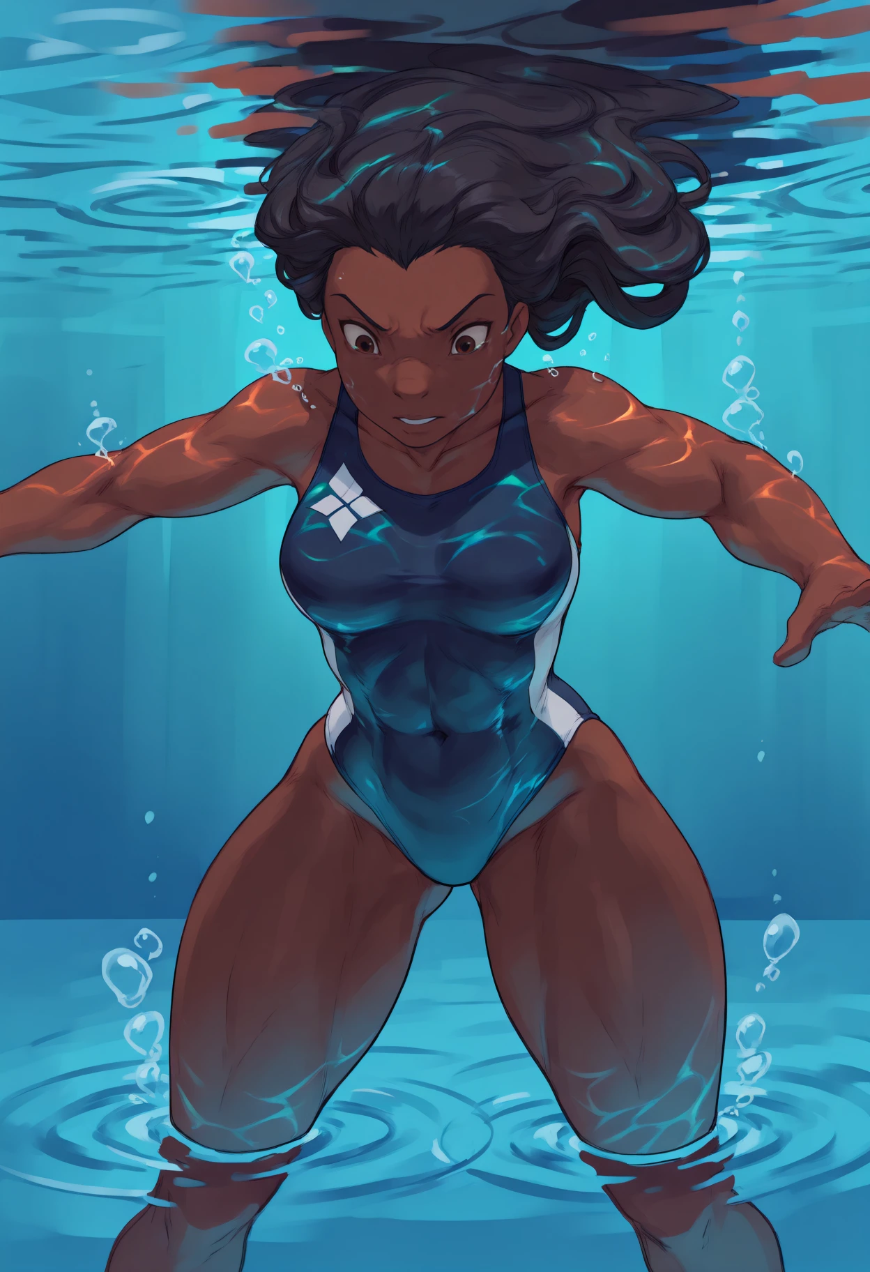 masterpiece, best quality, 1girl,
nnplk, 1girl, dark-skinned female, brown eyes, black hair, long hair, dark skin,
Olympic swimmer, pool setting, swimsuit, diving posture, blue water, intense focus, streamlined movement, competitive expression, underwater ripples, toned physique, dynamic shot, bubbles around, sports determination
<lora:nnplk_idxl_EliPot:1>