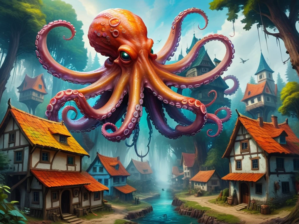 a giant flying octopus attacking a village in a colorful fantasy forest ,concept,sci-fi,environment,oil paint effect, abstract<lora:geoffroy-thoorens f1-gmr:1>