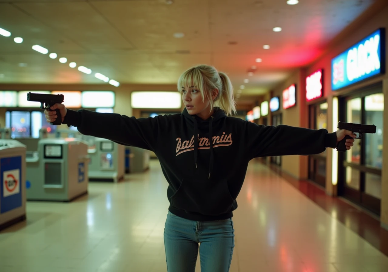 1990's amateur analog photograph of a young woman her arms outstretched and apart with two G17Model glock pistols in each of her hands hands, each pointed in a different direction, she is wearing a baggie hoodie, skinny jeans and high top sneakers, inside an unlit empty abandoned indoor mall with neon signage in the background, she has platinum white ponytail with bangs haircut and determined facial expression, slightly overexposed flash<lora:Glock (G17)_epoch_12.safetensors:1:1>