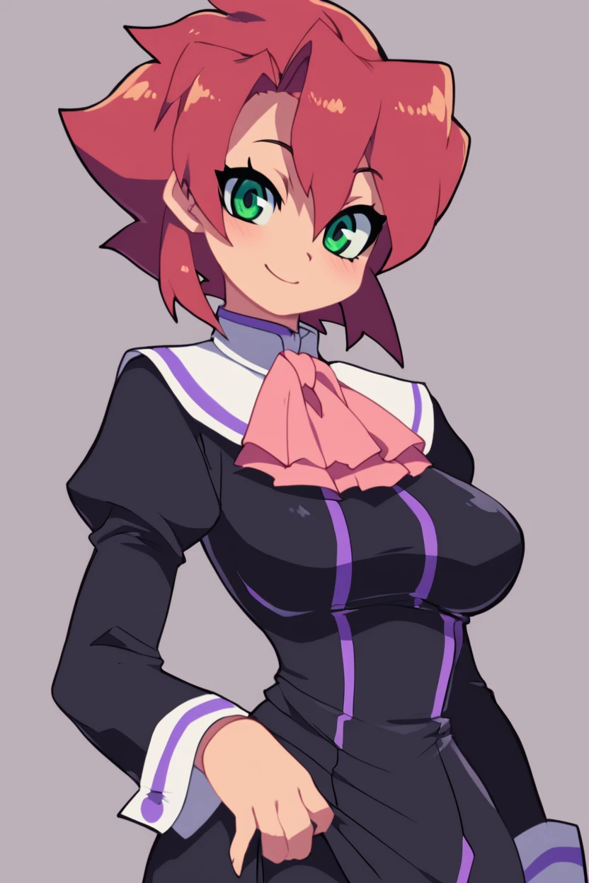 score_9, score_8_up, score_8, medium breasts, (curvy), cute, eyelashes,       ,,, , zzChiaia, 1girl, solo, red hair, short hair, green eyes, black dress, school uniform, ascot, <lora:ChiaiaFlanTenchi_PDXL:1.0>,,,, BREAK, smile, looking at viewer, cowboy shot, ,,, embedding:zPDXL, Expressiveh, ,,, <lora:Zankuro_Style_PDXL:0.8> <lora:SDXLFaeTastic2400:0.5>, <lora:Expressive_H-000001:0.4>,