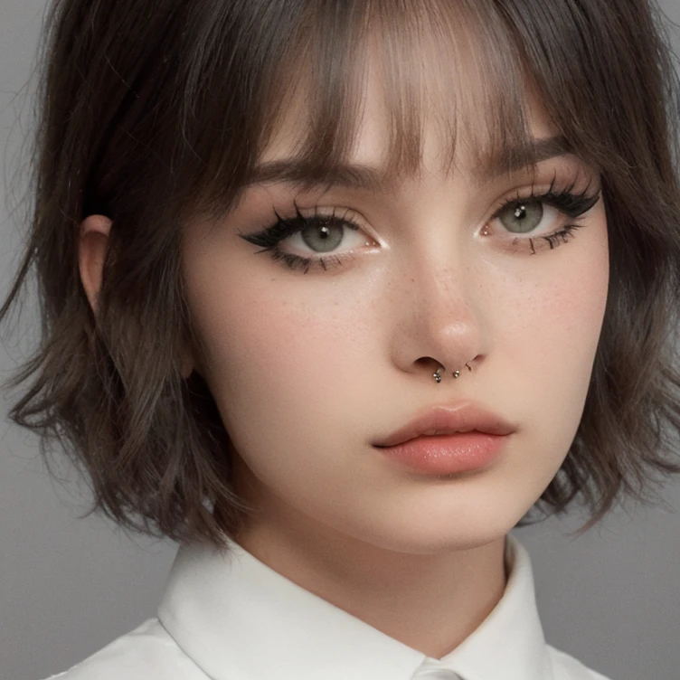 portrait closeup, [plain white background], (white collared shirt), (short hair, black hair, bangs) > <lora:Milkgorev4:1>