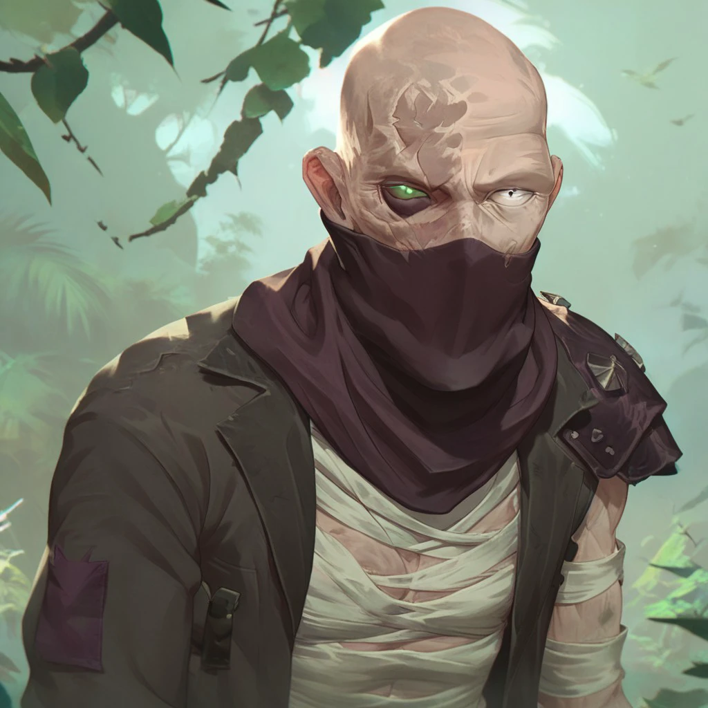 male focus, solo focus, solo, score_9, score_8_up, score_7_up, 1boy, ArcaneSingedV1, heterochromia, bandages, jacket, green eyes, shirt, scar, bald, bandama, mask