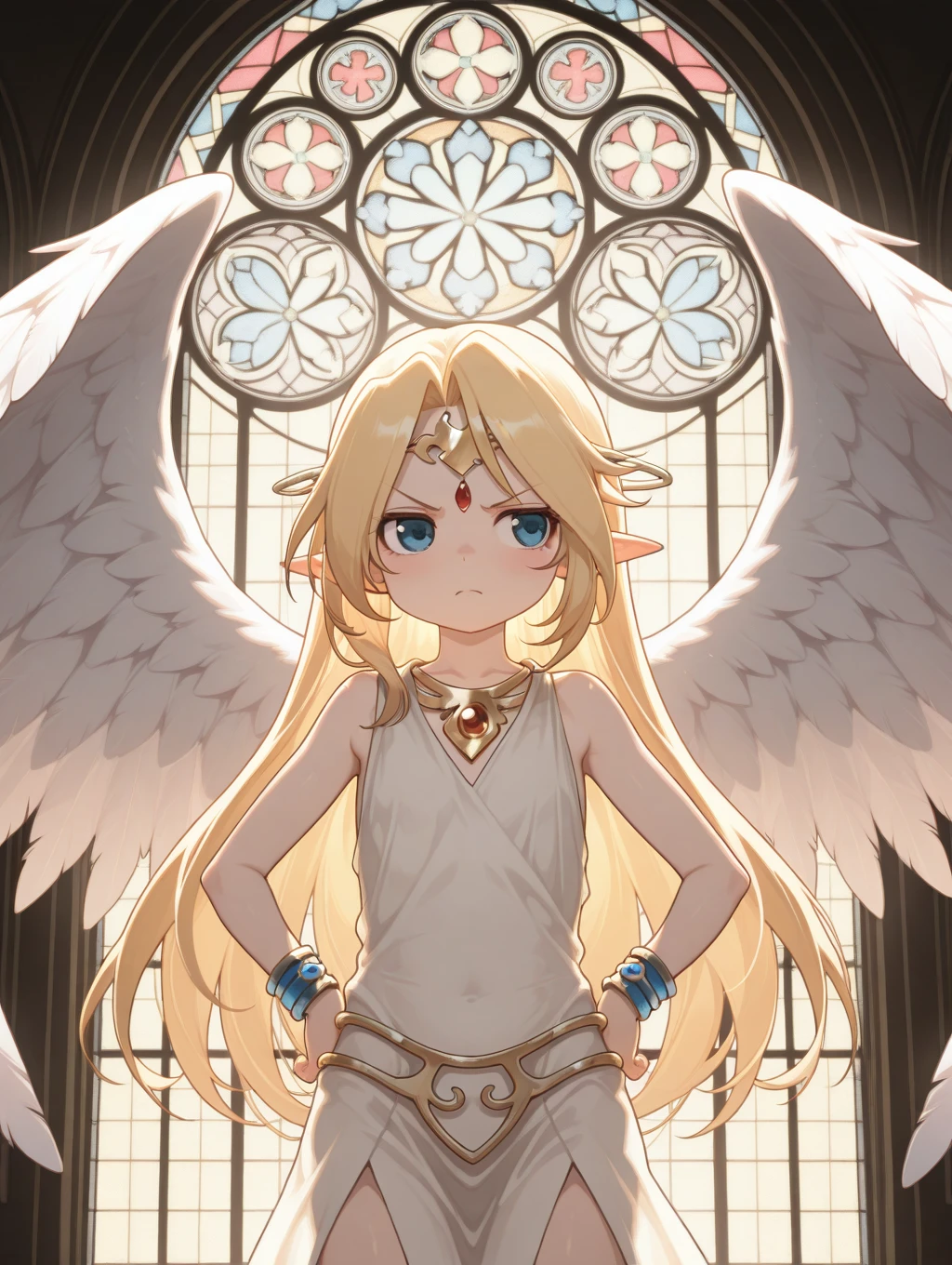 1girl, Ilias, blonde hair, long hair, blue eyes, wings, angel wings, feathered wings, angel, angel, pointy ears, jewelry, white dress, circlet, bare shoulders, flat chest,

heaven, celestial, ((stained glass)), ((stained glass style))

hands on hips, angry, looking away,

masterpiece, best quality,amazing quality, very aesthetic, absurdres, depth of field, blurry background, dark, extremely detailed face, detailed eyes, dark colors, dynamic pose