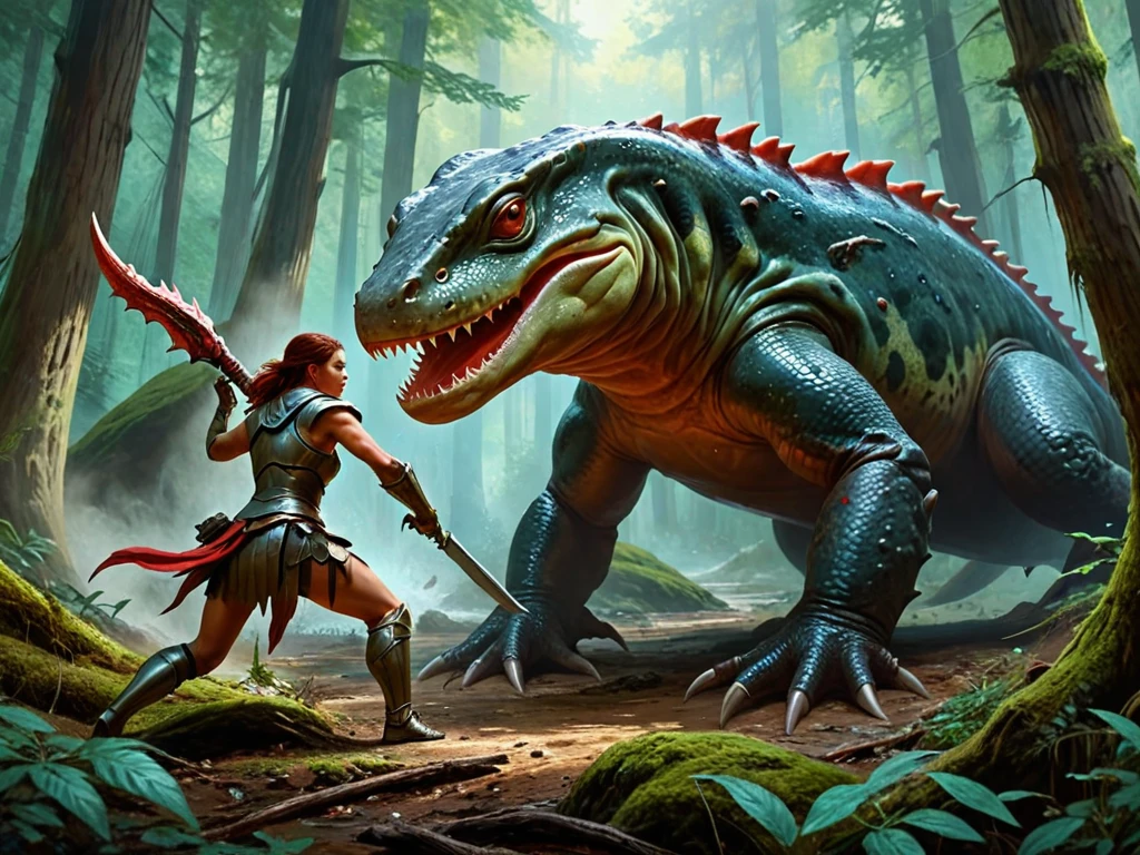 a giant female warrior fighting a giant salamander in a forest ,concept,sci-fi,environment,oil paint effect, <lora:geoffroy-thoorens f1-gmr:1>