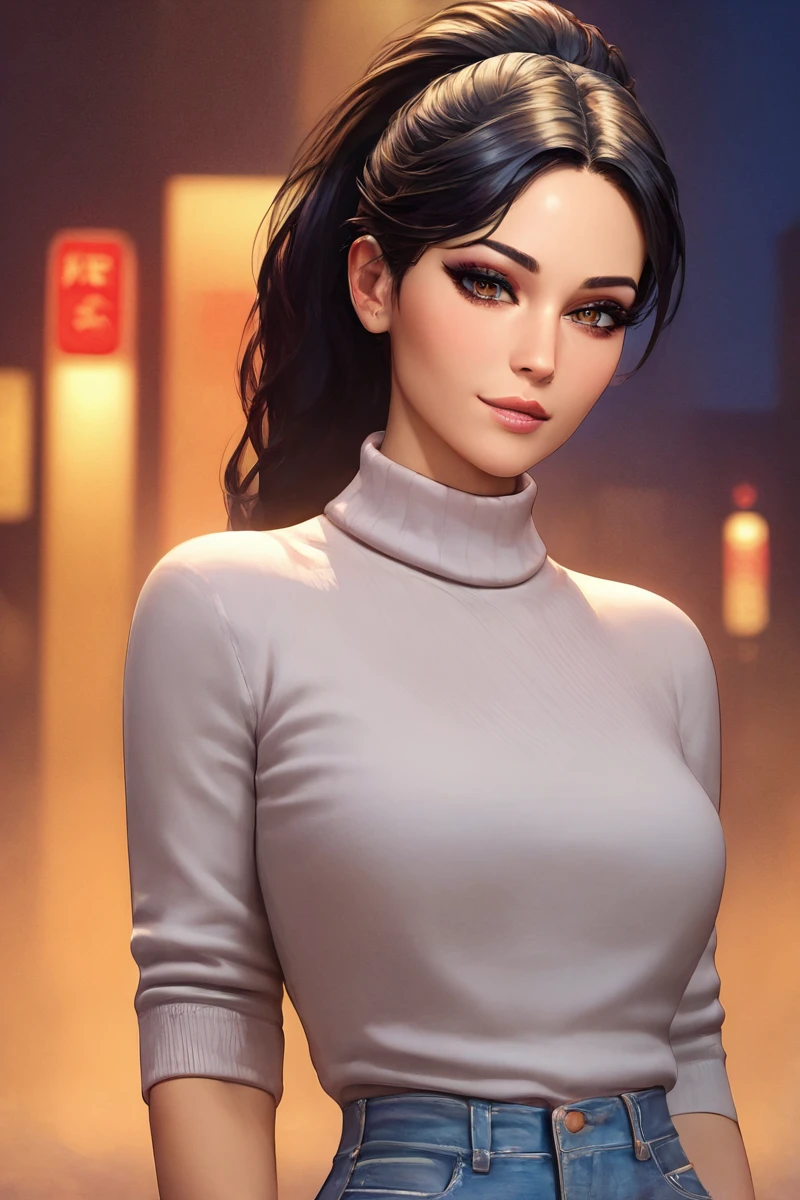 score_9, score_8, score_7, masterpiece, best quality, 1 woman, MBellDS, dark hair, feminine, beautiful, solo, looking at you, <lora:MBellDS:1.0> zPDXL2, realistic, city street, late at night, expressiveh <lora:Expressive_H:1>, SFW, sweater, jeans, upper body