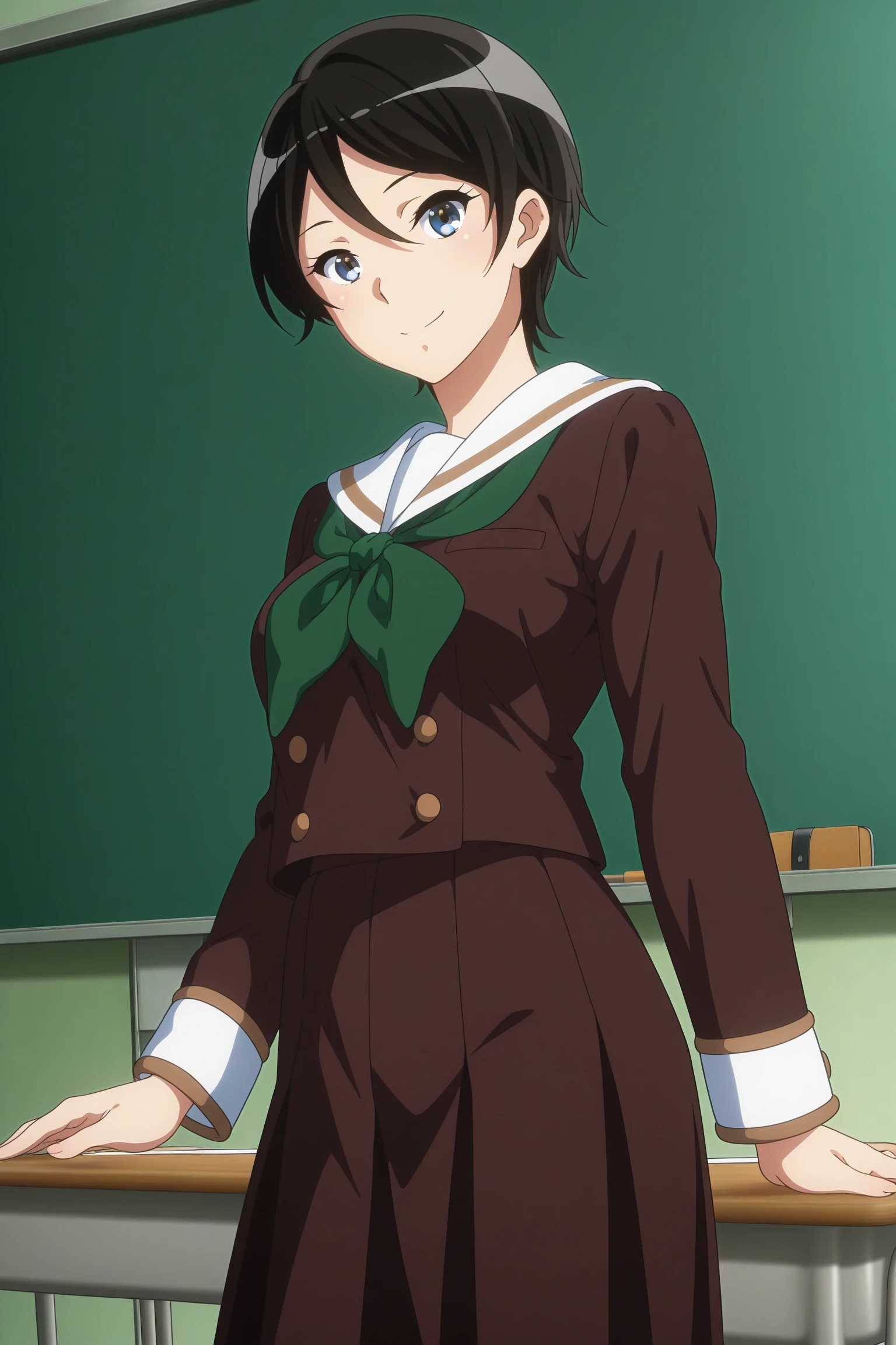 masterpiece, best quality, amazing quality, highres, absurdres, very aesthetic, high resolution, ultra detailed, perfect details, 1girl, solo, indoors, classroom, medium breasts, suzuki mirei, short hair, hair between eyes, blue eyes, school uniform, serafuku, brown uniform, white sailor collar, green neckerchief, long sleeves, white sleeves end, brown skirt, pleated skirt, black kneehighs, loafers, <lora:Mirei_Suzuki_ILXL:1>, (aged up:1.4), (cowboy shot:1.5), looking at viewer, smile, (pose:1.5)