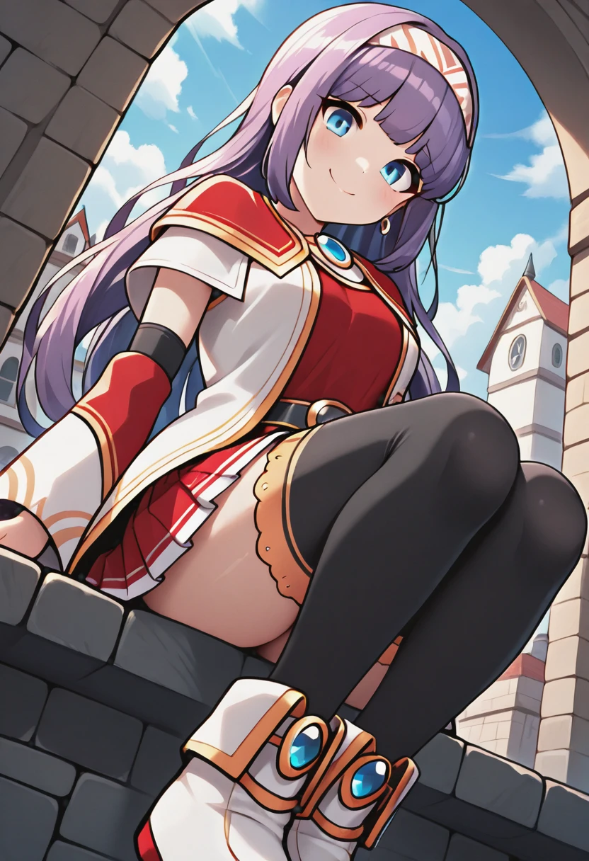 masterpiece,best quality,absurdres,perfect lighting,fantasy,town,outdoors,sky,stone bench,sitting,from below,
*//*,<lora:BishopOld_Illustrious:1>,bishop_old,purple hair,long hair,bangs,hairband,blue eyes,dress,red dress,detached sleeves,pleated skirt,black thighhighs,shoes,
*//*,looking at viewer,cowboy shot,dutch angle,dynamic pose,smile,