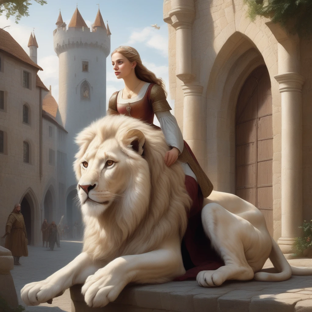 a princess mounting a white lion in a medieval city,art ****,geotho,by geoffroy thoorens,arcane style,artistic,very detailed,