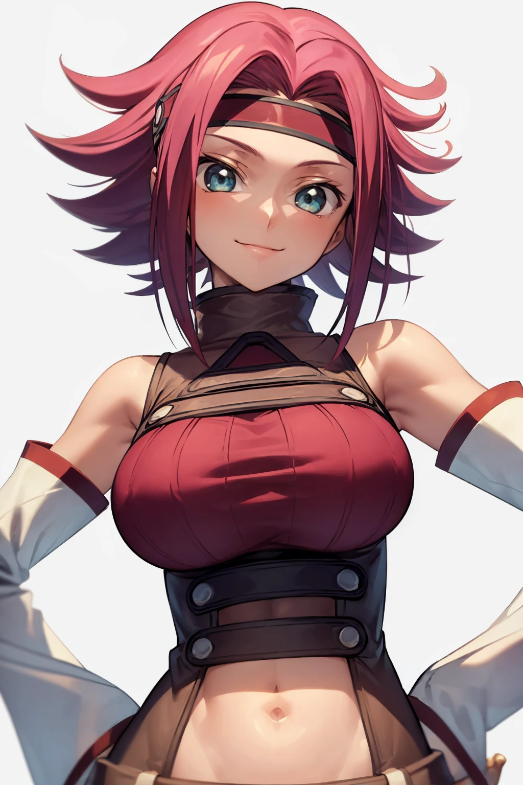 masterpiece, best quality,
1girl, kouzuki kallen, red hair, short hair, blue eyes, 
flipped hair, headband, 
resistance outfit, bare shoulders, detached sleeves, sleeveless, turtleneck, navel,
hands on hips,
upper body, smile, solo, looking at viewer, (simple background, white background:1.3)    <lora:KallenKouzuki_byKonan:1>