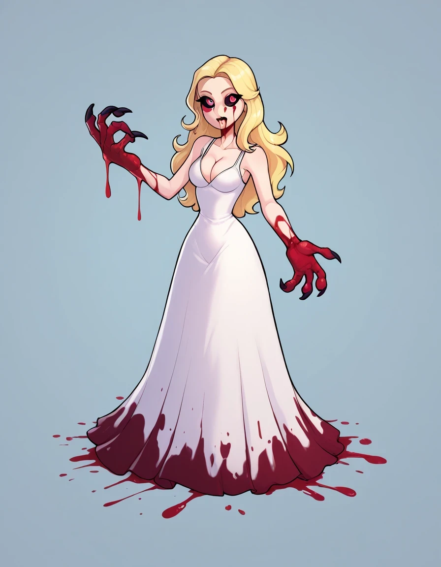 LilithEXE, 1girl, solo, long hair, blonde hair, dress, cleavage, bare shoulders, medium breasts, full body, white dress, claws, flat color, large hands, bloody finger, hollow eyes, black sclera, colored sclera, melting mouth, large arms, bleeding legs