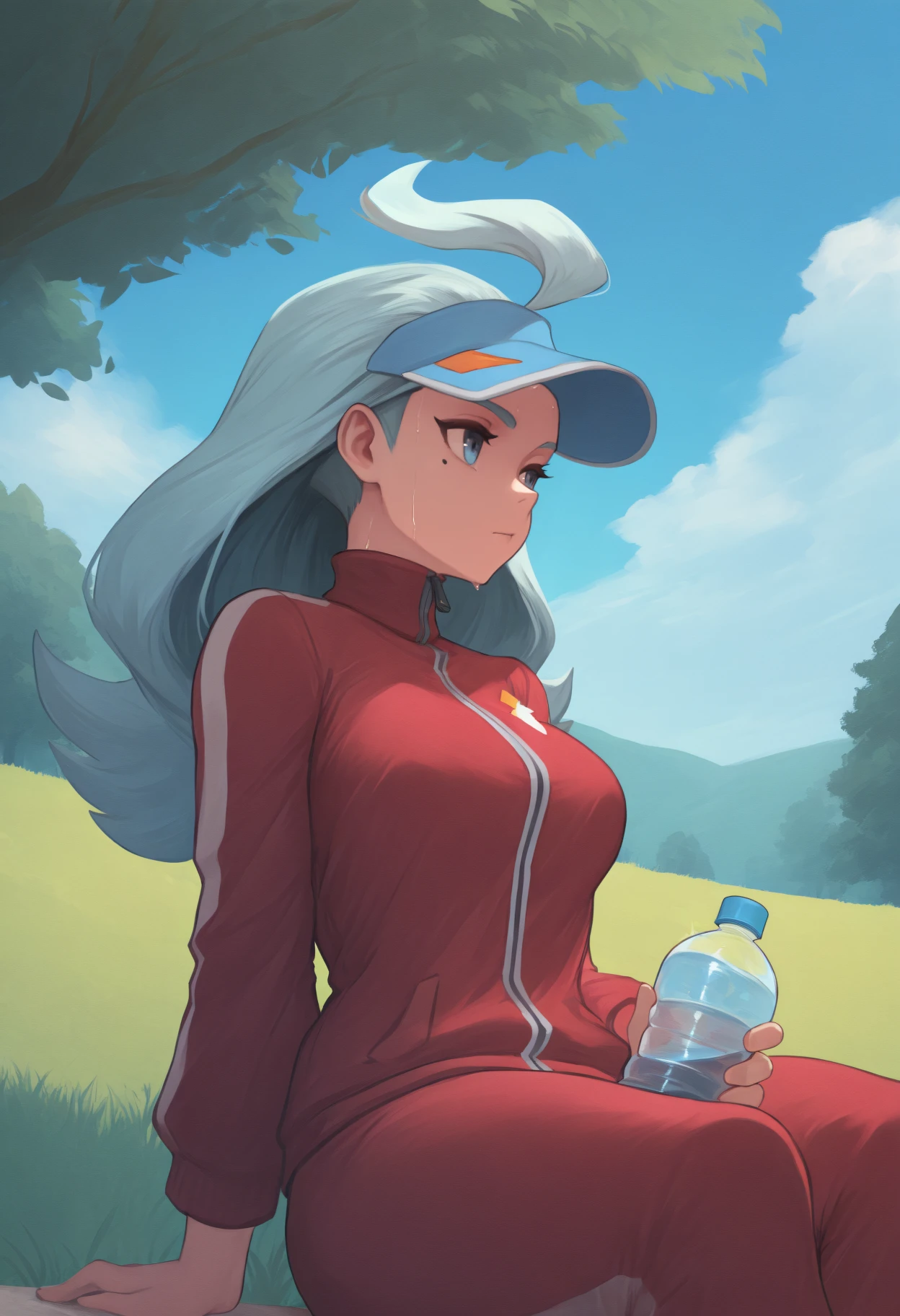 masterpiece, best quality, <break> solo, 1girl, k4hili, mole under eye, sweat, expressionless, looking away, sitting, holding water bottle, long hair, light blue hair, flipped hair, ahoge, blue headwear, visor cap, blue eyes, track suit, red jacket, track jacket, red pants, outdoors, blue sky, cloud, park, grass, tree
<segment:yolo-Anzhc Face seg 640 v2 y8n.pt,0.4,0.5//cid=1>