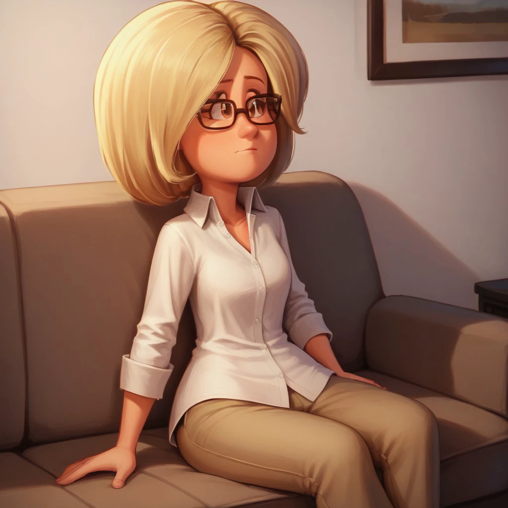 score_9, score_8, score_7, break, solo, linda_ht, 1girl, blonde hair, short hair, glasses, brown eyes, collared shirt, pants, sitting, sofa,