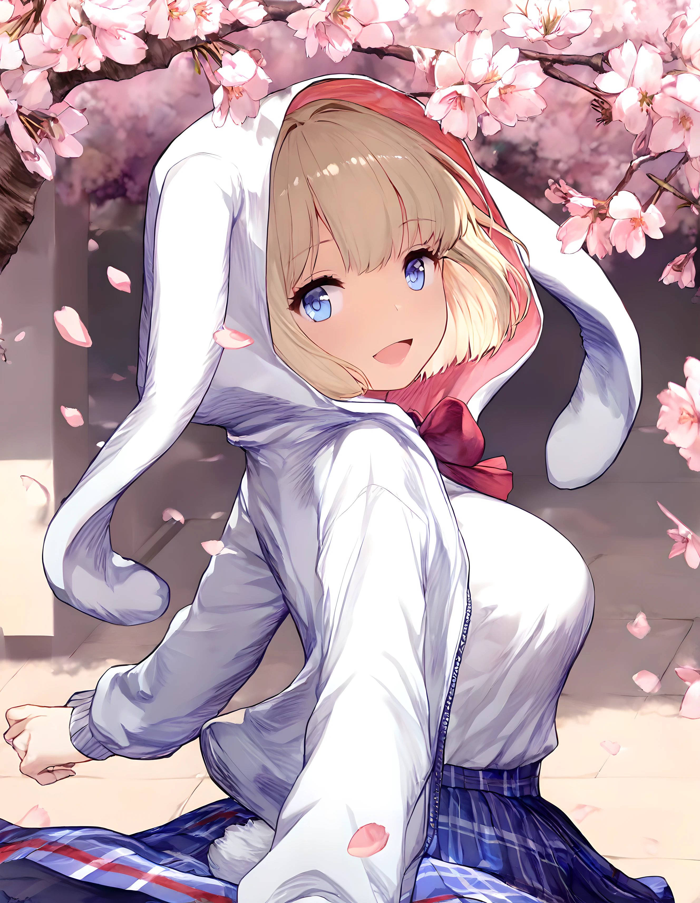 <lora:illustrious_XL_Justia:0.9>,Justia,masterpiece,best quality,good quality,1girl,solo,rabbit hood,school uniform,hoodie,hood up,long sleeves,bowtie,white shirt,blue skirt,plaid skirt,in spring,day,cherry blossoms,petals,smile,:d,standing,upper_body,looking_at_viewer,looking_back,