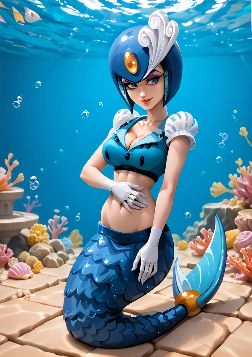 1girl,
score_6, score_7, score_8, score_9,
masterpiece, best quality, highly detailed, lips, eyeshadow,
 <lora:Splash_Woman:1.2>, blue eyes, white design on helmet,female robot, blue mermaid tail, blue helmet, blue crop top, mermaid tail, sleeveless, 
sassy, snob, smug, underwater, bubbles,
 <lora:Fully_Exposed_Stomach:1> FullyExposedStomach, midriff, navel,  
<lora:lowleg_v0.4-pony:1> lowleg, mermaid_tail, busty, cleavage, hand on stomach, jewelry,