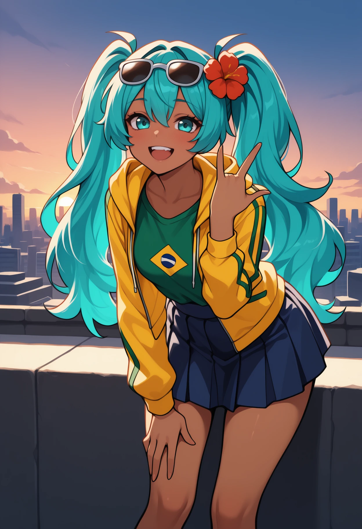 masterpiece, best quality, <break> solo, 1girl, brazilianmiku, dark-skinned female, :d, teeth, looking at viewer, standing, leaning forward, \m/, long hair, aqua hair, twintails, hair flower, sunglasses, eyewear on head, aqua eyes, yellow jacket, hooded jacket, open jacket, long sleeves, green shirt, blue skirt, pleated skirt, outdoors, sunset, cloud, cityscape scenery
<segment:yolo-Anzhc Face seg 640 v2 y8n.pt,0.4,0.5//cid=1>