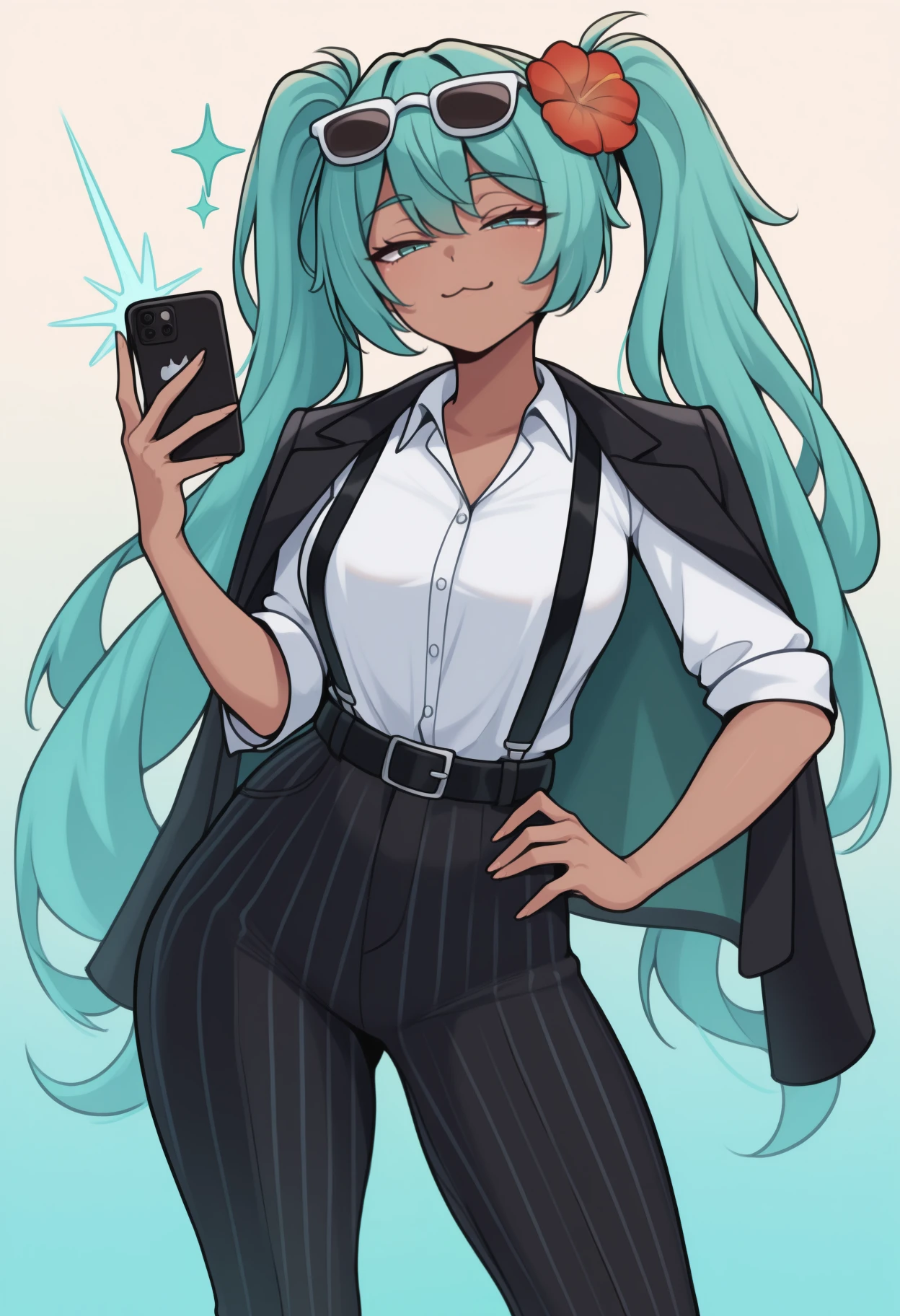 masterpiece, best quality, <break> solo, 1girl, brazilianmiku, dark-skinned female, :3, looking at viewer, standing, contrapposto, hand on own hip, holding phone, long hair, aqua hair, twintails, hair flower, sunglasses, eyewear on head, aqua eyes, half-closed eyes, jacket on shoulders, white shirt, collared shirt, button gap, sleeves pushed up, suspenders, black pants, vertical-striped pants, black belt, gradient background, camera flash, sparkle
<segment:yolo-Anzhc Face seg 640 v2 y8n.pt,0.4,0.5//cid=1>