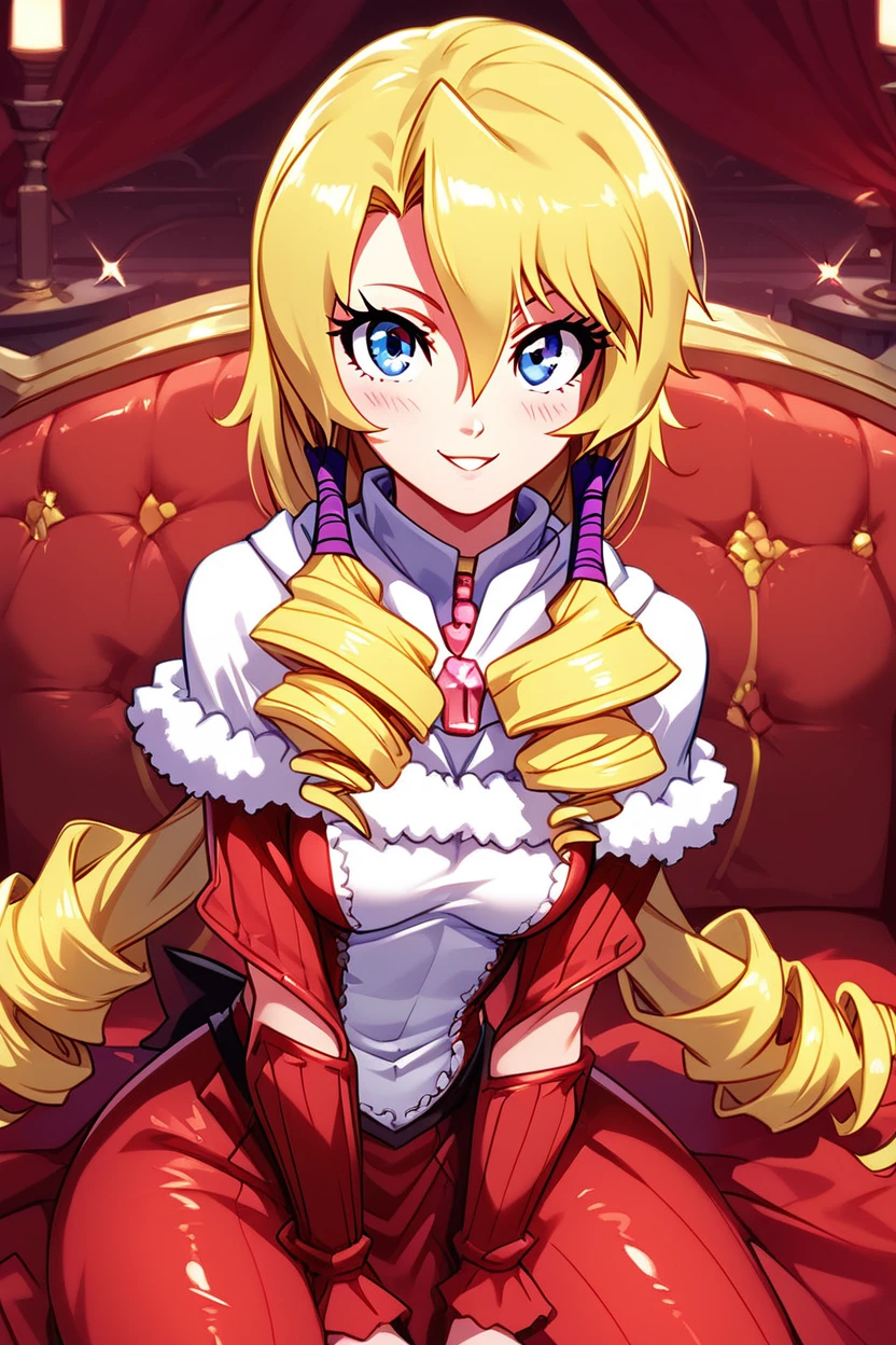 score_9, score_8_up, score_8, medium breasts, (curvy), cute, eyelashes,       ,,, , zzLashara, blue eyes, hair between eyes, blonde hair, drill hair, hair tubes, long hair, low twintails, red dress,   <lora:LasharaEarthTenchi_PDXL:1.0>,,, , BREAK, ,,, smile, looking at viewer, blush, blurry, couch, sitting, ,,, shiny skin, <lora:ProAnime_PDXL_v1:0.7>, ,,, embedding:zPDXL, Expressiveh, <lora:SDXLFaeTastic2400:0.5>, <lora:Expressive_H-000001:0.4>,