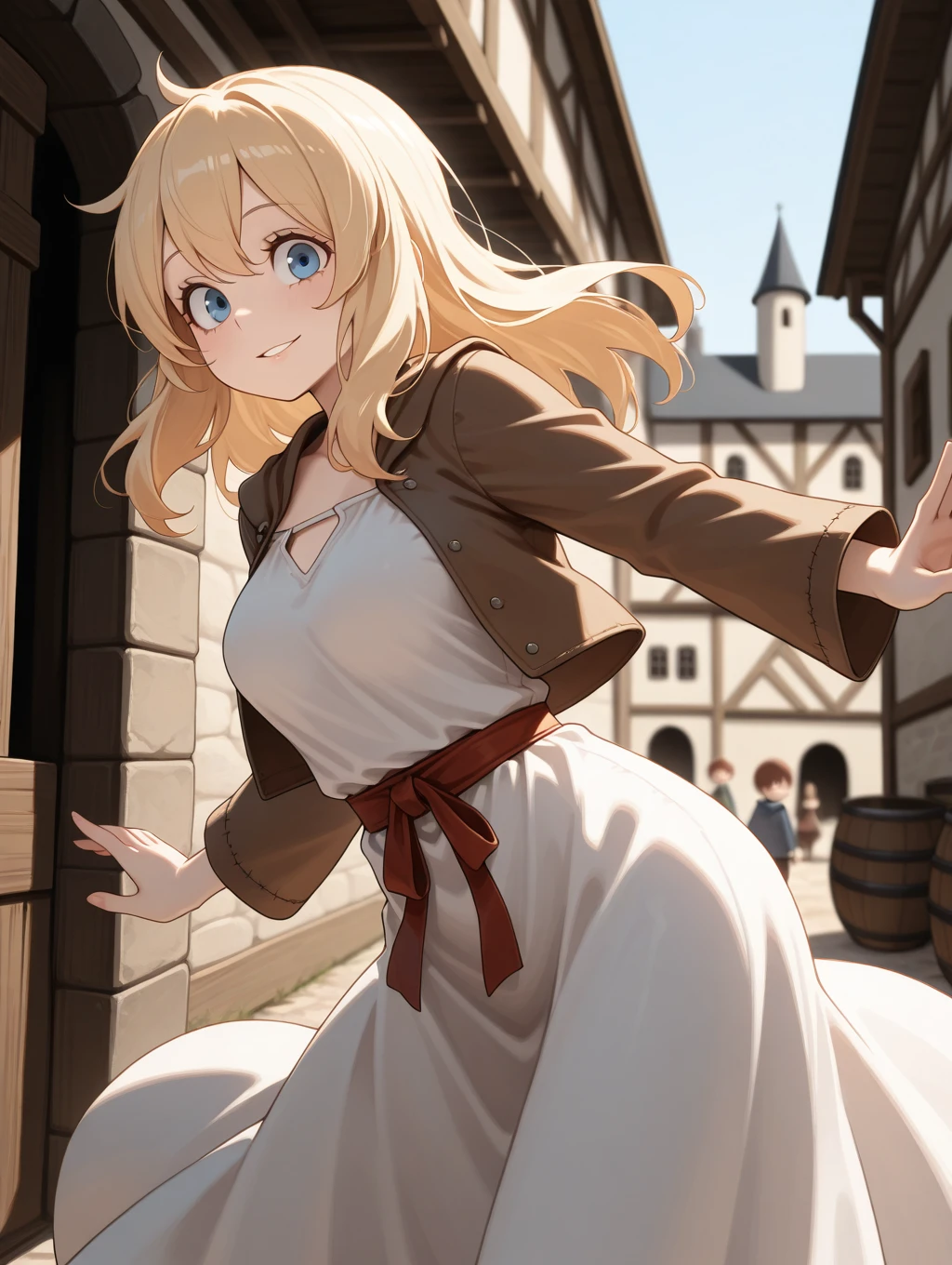 1girl, solo, Lucifina, blonde hair, long hair, blue eyes, medium breasts,smile, parted lips, medieval clothes, dress, villager girl, jacket,

village, medieval, dynamic pose,

masterpiece, best quality,amazing quality, very aesthetic, absurdres, depth of field, blurry background, dark, extremely detailed face, detailed eyes, dark colors