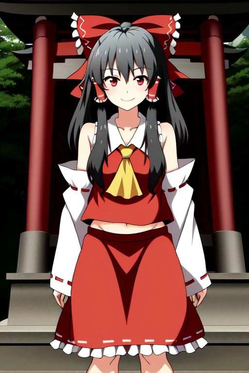 ((ssaf style)), adult, ((Reimu)), ((Reimu Hakurei)), ((touhou)), ((black hair)), long hair, red bow, solo, red eyes, red vest, red skirt, bare legs, bare hands, frill, 1girl, looking at viewer, standing, light smile, ((Japanese shrine background)), day time.