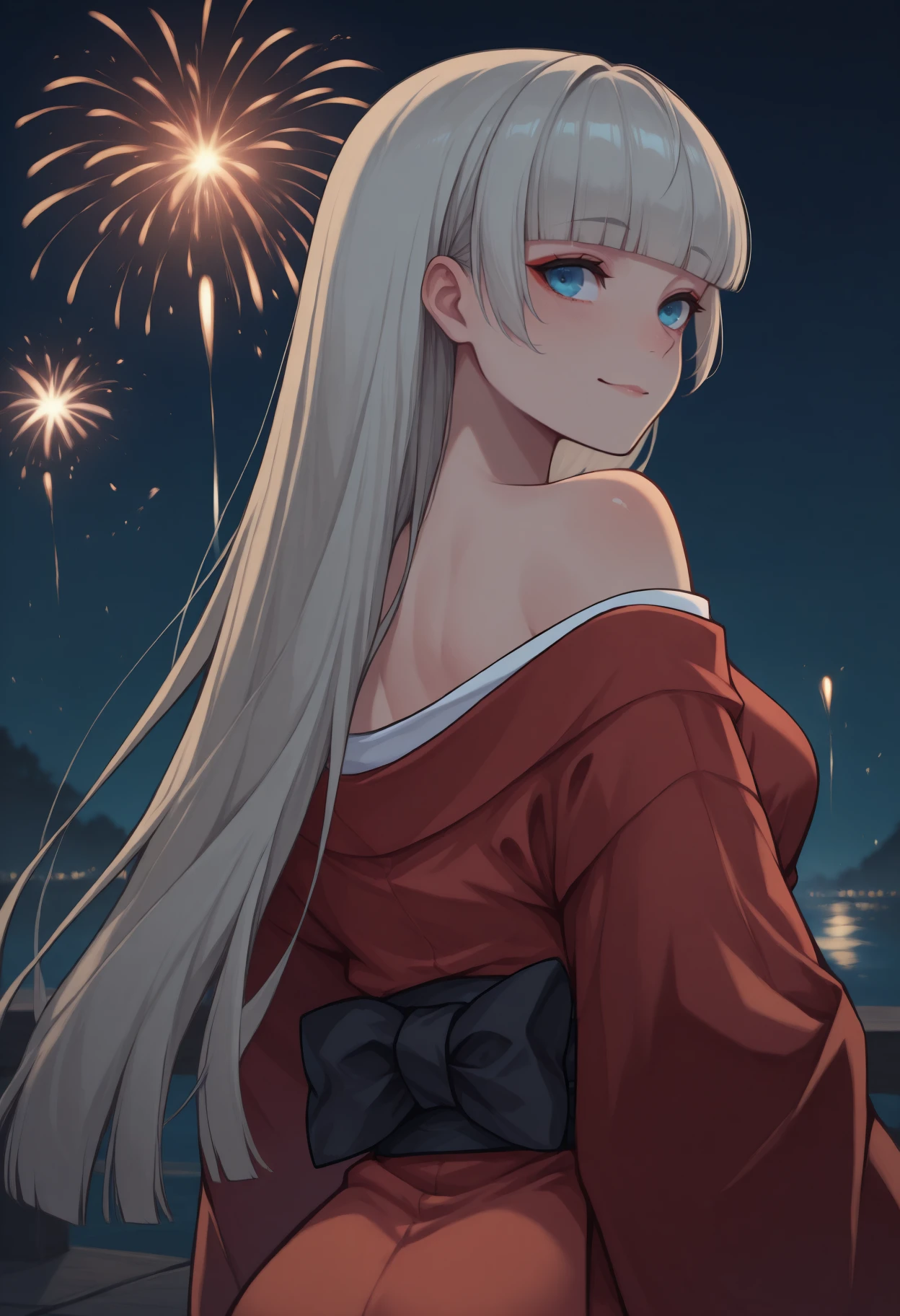 anime, masterpiece, best quality, <break> from behind, solo, 1girl, r1rika, slight smile, closed mouth, looking back, long hair, grey hair, blunt bangs, hime cut, blue eyes, japanese clothes, red kimono, off shoulder, black sash, bare shoulders, outdoors, night, fireworks
<segment:yolo-Anzhc Face seg 640 v2 y8n.pt,0.4,0.5//cid=1>