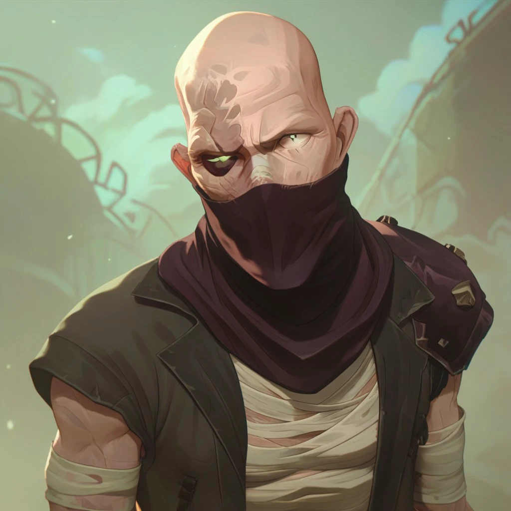 male focus, solo focus, solo, score_9, score_8_up, score_7_up, 1boy, ArcaneSingedV1, heterochromia, bandages, jacket, green eyes, shirt, scar, bald, bandama, mask