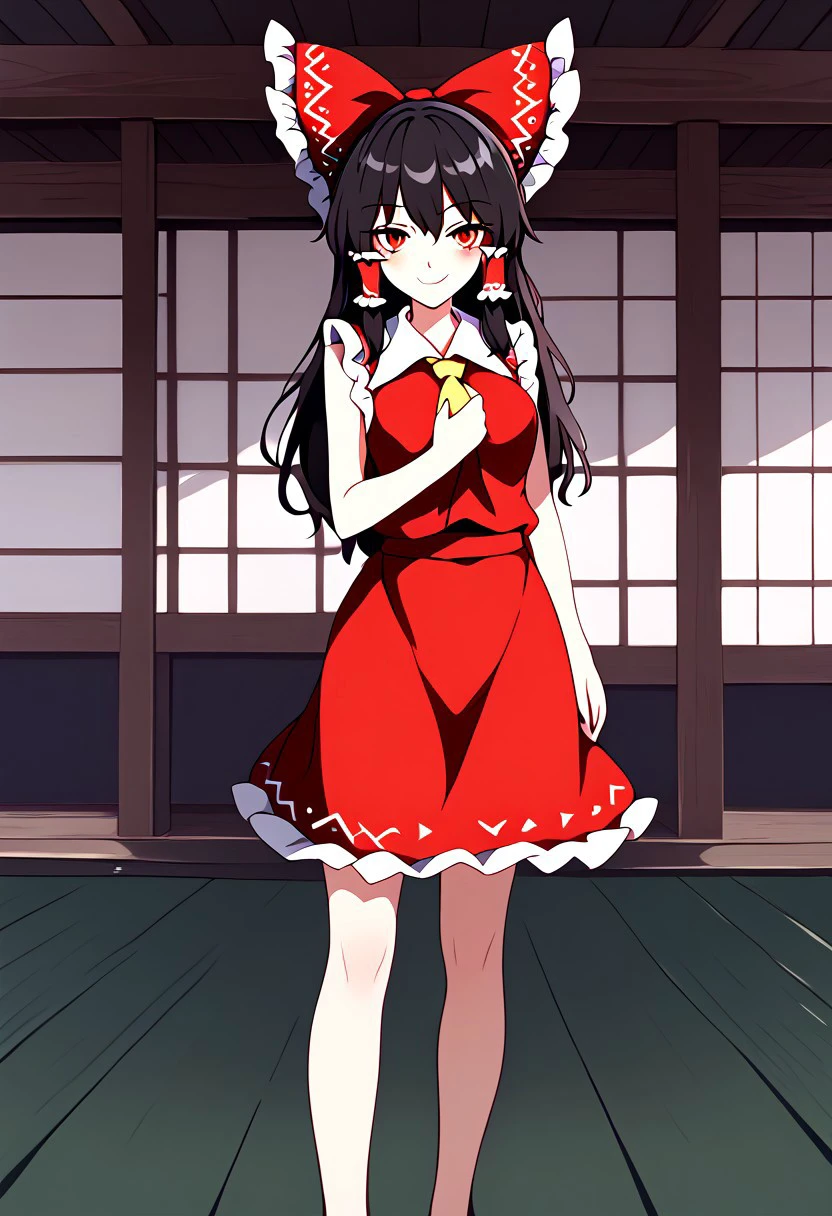 ((ssaf style)), adult, ((Reimu)), ((Reimu Hakurei)), ((touhou)), ((black hair)), long hair, red bow, solo, red eyes, red vest, red skirt, bare legs, bare hands, frill, 1girl, looking at viewer, standing, light smile, ((Japanese shrine background)), day time.