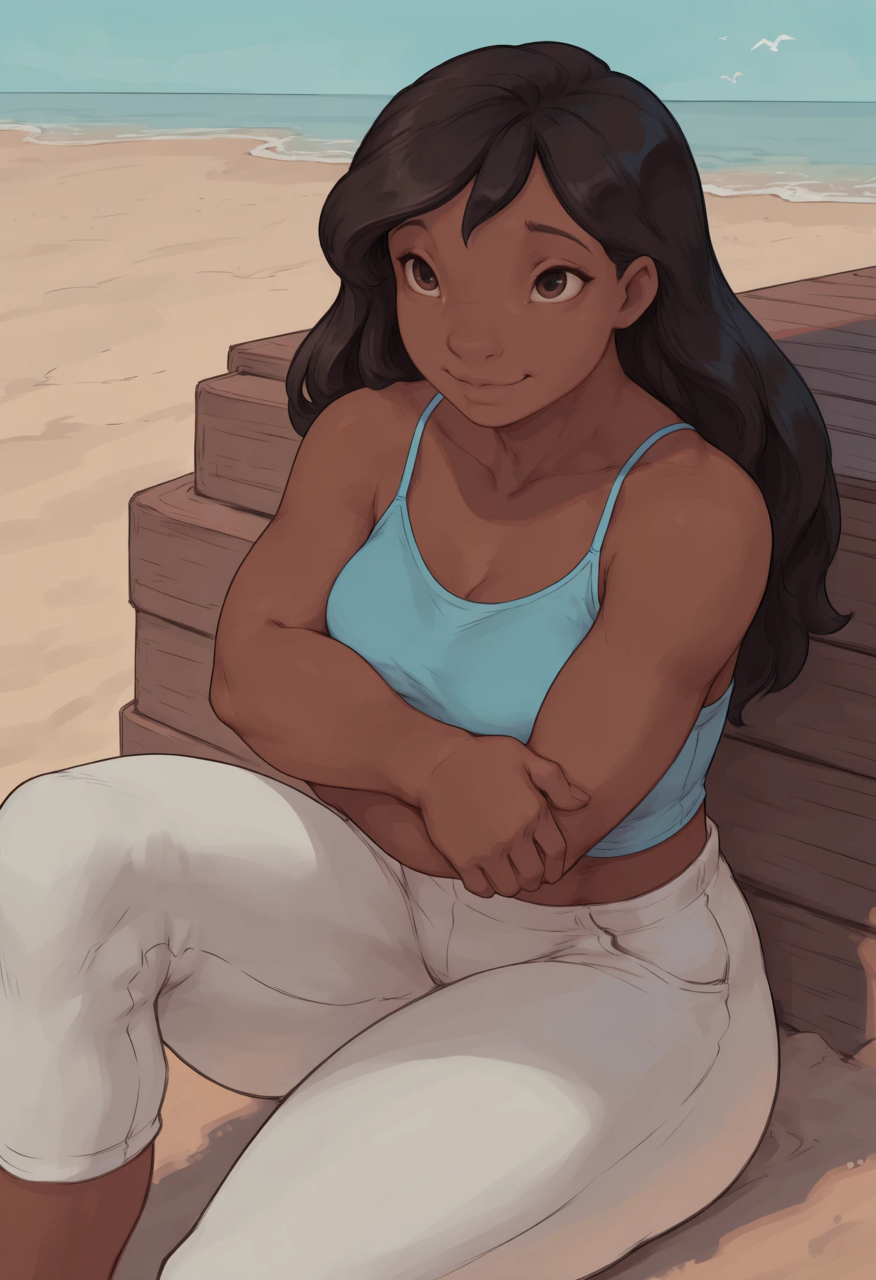 masterpiece, best quality, 1girl,
nnplk, 1girl, dark-skinned female, brown eyes, black hair, long hair, dark skin,
 capri pants, white pants,  camisole, blue shirt, sleeveless shirt, 
smile, happy, looking afar, close-up, portrait, 
crossed arms, on ground, on floor, collarbone,hugging own legs, knee up, outdoors, bare shoulders, crop top, spaghetti strap, bare arms, midriff, day, sunny, sky, 
outdoors, beach, sand, ocean, bird, 
<lora:nnplk_idxl_EliPot:1>