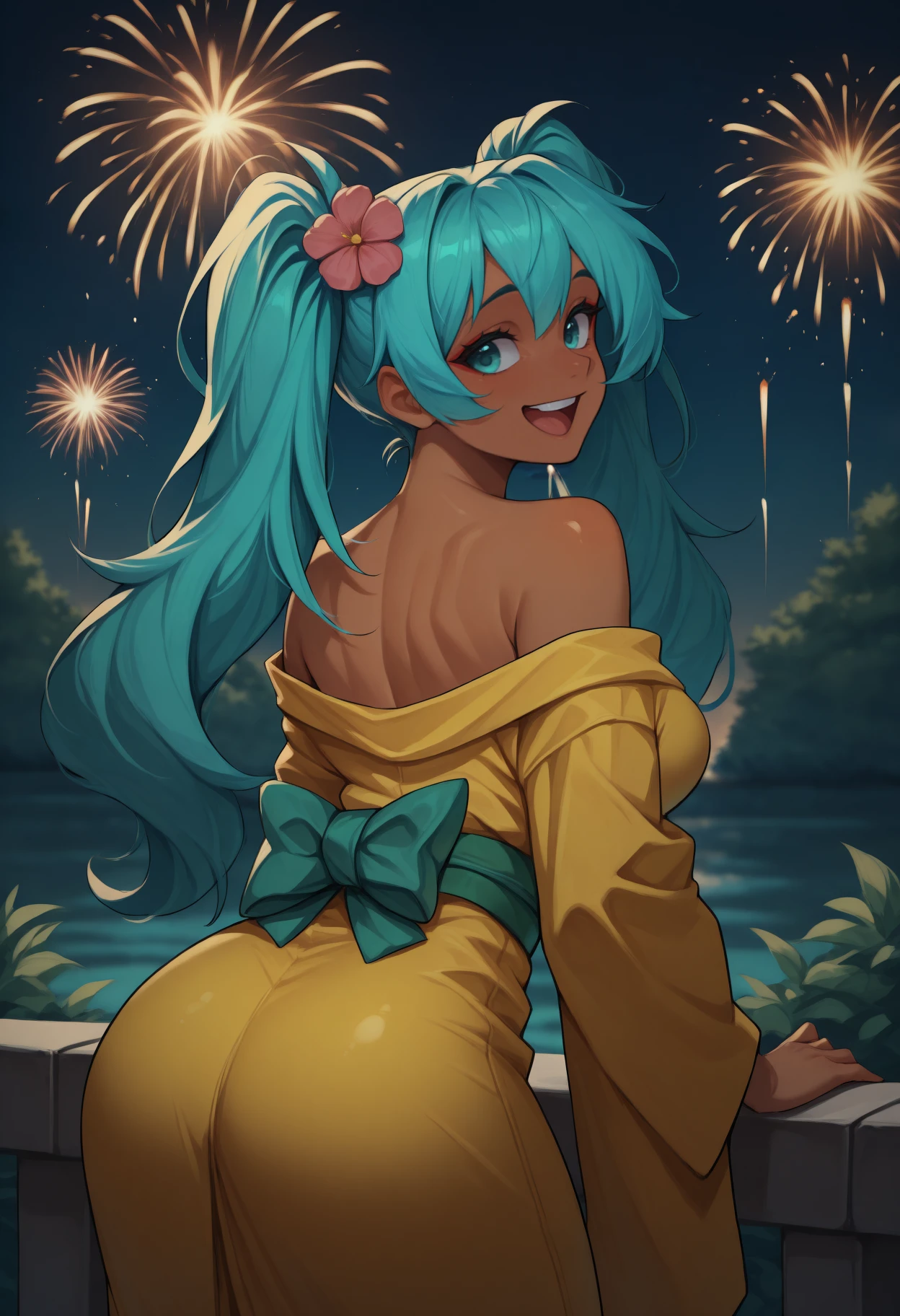 anime, masterpiece, best quality, <break> from behind, solo, 1girl, brazilianmiku, dark-skinned female, :d, upper teeth only, looking back, long hair, aqua hair, twintails, hair flower, aqua eyes, japanese clothes, yellow kimono, off shoulder, green sash, bare shoulders, outdoors, night, fireworks
<segment:yolo-Anzhc Face seg 640 v2 y8n.pt,0.4,0.5//cid=1>