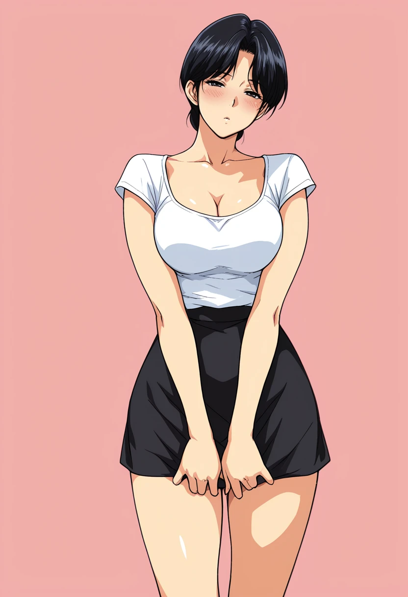 masterpiece, best quality,
1girl, solo,
standing,
looking at viewer, half-closed eyes, blush,
black hair, short hair,
white shirt, short sleeves, cleavage,
black skirt,
pink background, simple background,
 <lora:Cirima_Style:1> C1r1m4,