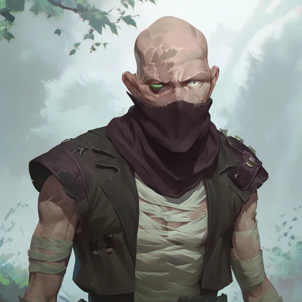 male focus, solo focus, solo, score_9, score_8_up, score_7_up, 1boy, ArcaneSingedV1, heterochromia, bandages, jacket, green eyes, shirt, scar, bald, bandama, mask