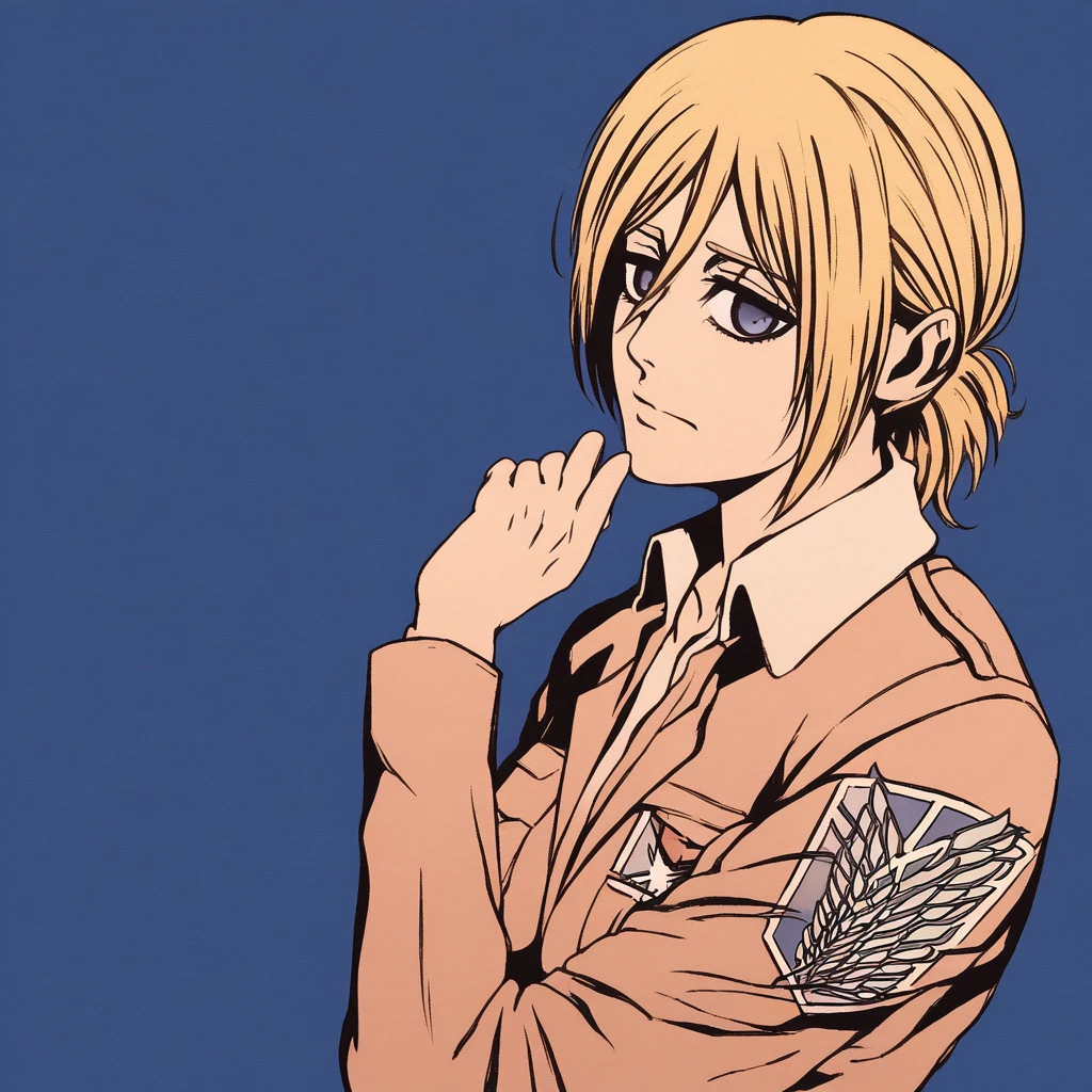 shingeki no kyojin, 1girl, solo, blonde hair, blue background