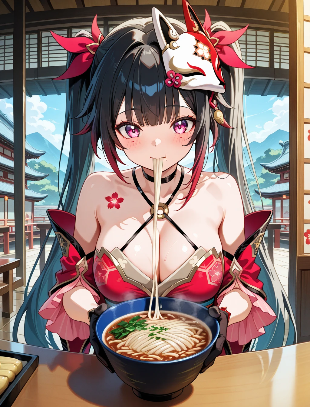(masterpiece) ,best quality,amazing quality,very aesthetic,absurdres,newest, anime style, BREAK Sparkle, japanese architecture restaurant, eating udon