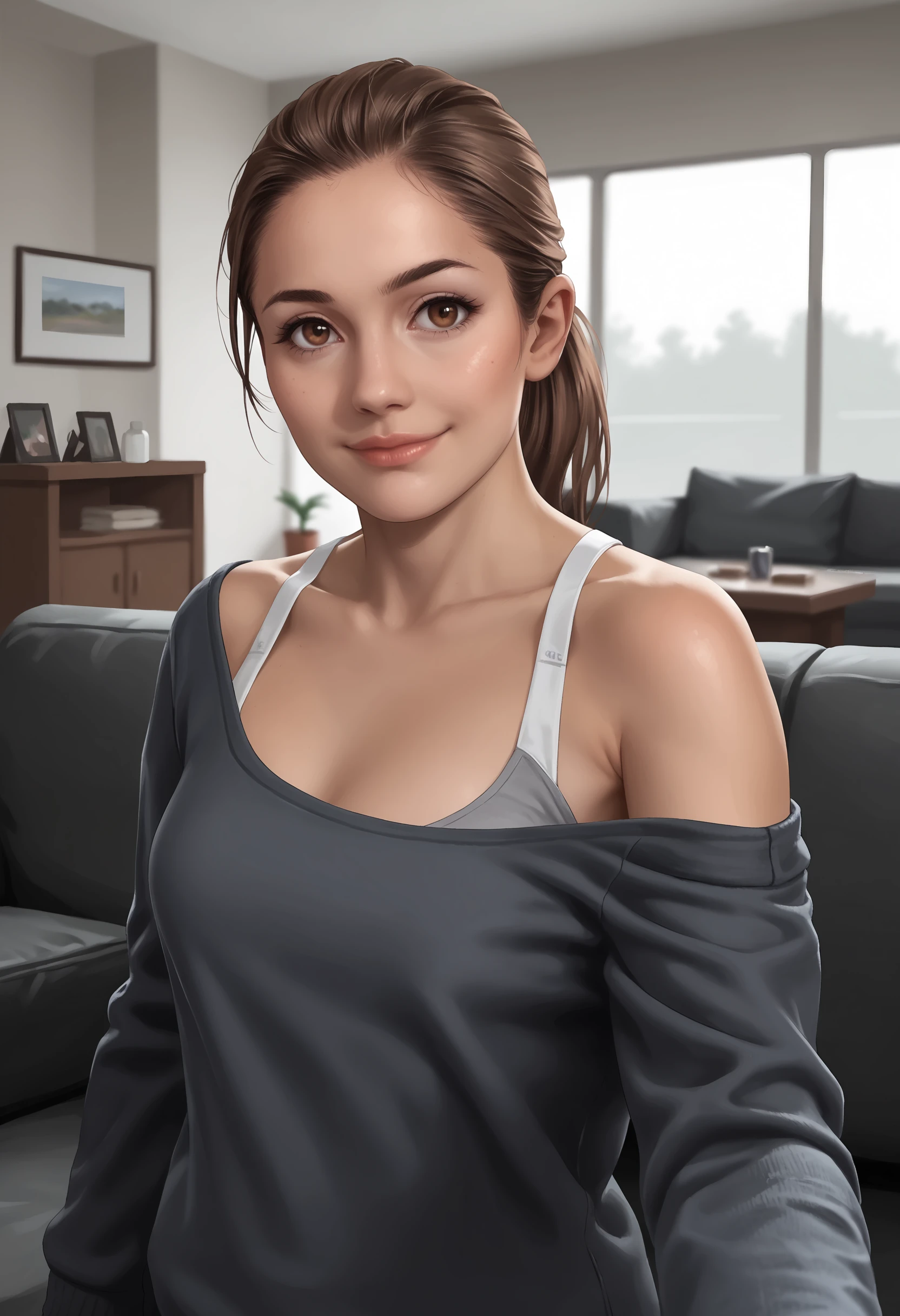 score_9, score_8_up, score_7_up, score_6_up, score_5_up, score_4_up, 1girl, <lora:NorthDBH:0.7> fnorth, brown hair, ponytail, brown eyes, lips, breasts, sweater, off shoulder, tank top, shorts, upper body, looking at viewer, smile, selfie pose, 
futuristic home, sofa, indoors,