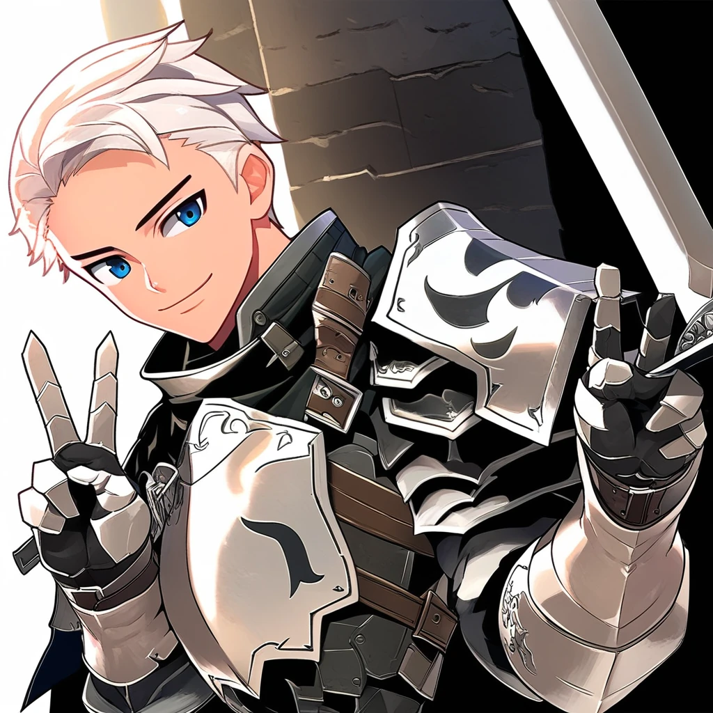 crozet, 1boy, male focus, solo, white hair, short hair, side part, blue eyes, armor, steel pauldrons, black tunic, steel breastplate, smiling, hand up, peace sign, light skin, steel gauntlets, brown belt, sword on back, high collar