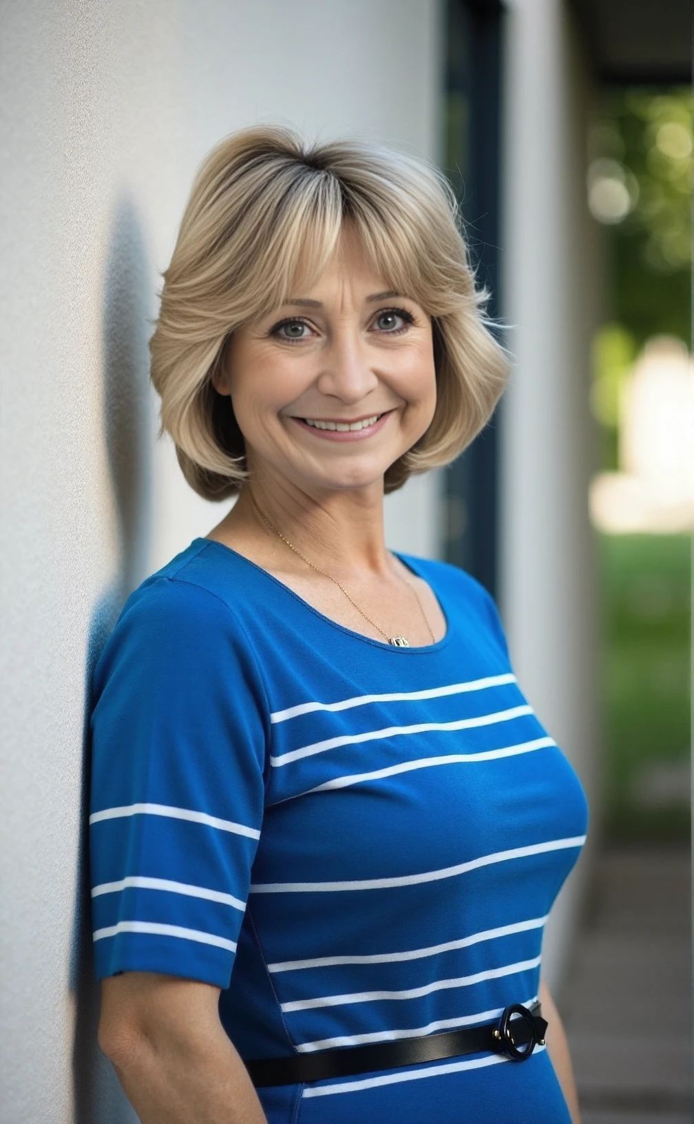 A professional photograph of a 50yo woman Felicity_Kendal standing in front of a wall wearing a blue and white striped dress with a happy expression. Short blonde hair with grey highlights, light make-up, detailed skin, bokeh, female focus, (SFW)<lora:Felicity_Kendal:1>