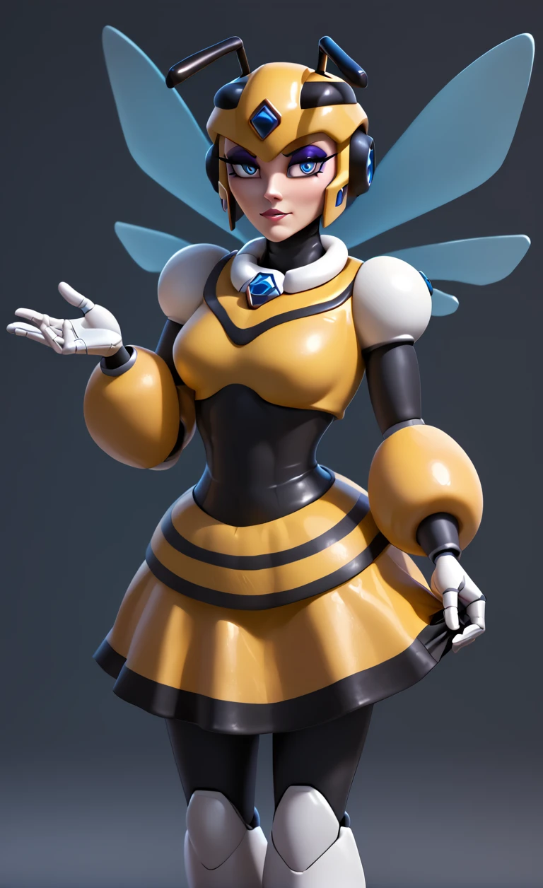 1girl, solo, 
score_6, score_7, score_8, score_9,
masterpiece, best quality, highly detailed,
 <lora:Vesper_Woman_-_Viola:1>, female robot, bee lady, skirt, blue eyes, eyeshadow,