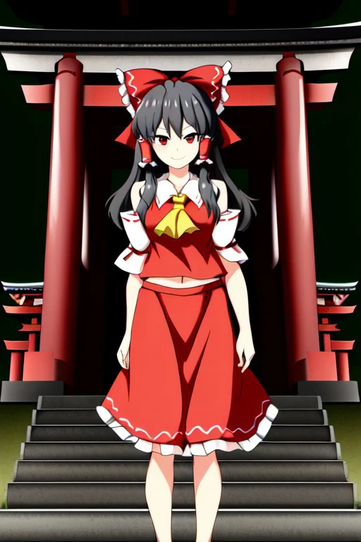 ((ssaf style)), adult, ((Reimu)), ((Reimu Hakurei)), ((touhou)), ((black hair)), long hair, red bow, solo, red eyes, red vest, red skirt, bare legs, bare hands, frill, 1girl, looking at viewer, standing, light smile, ((Japanese shrine background)), day time.