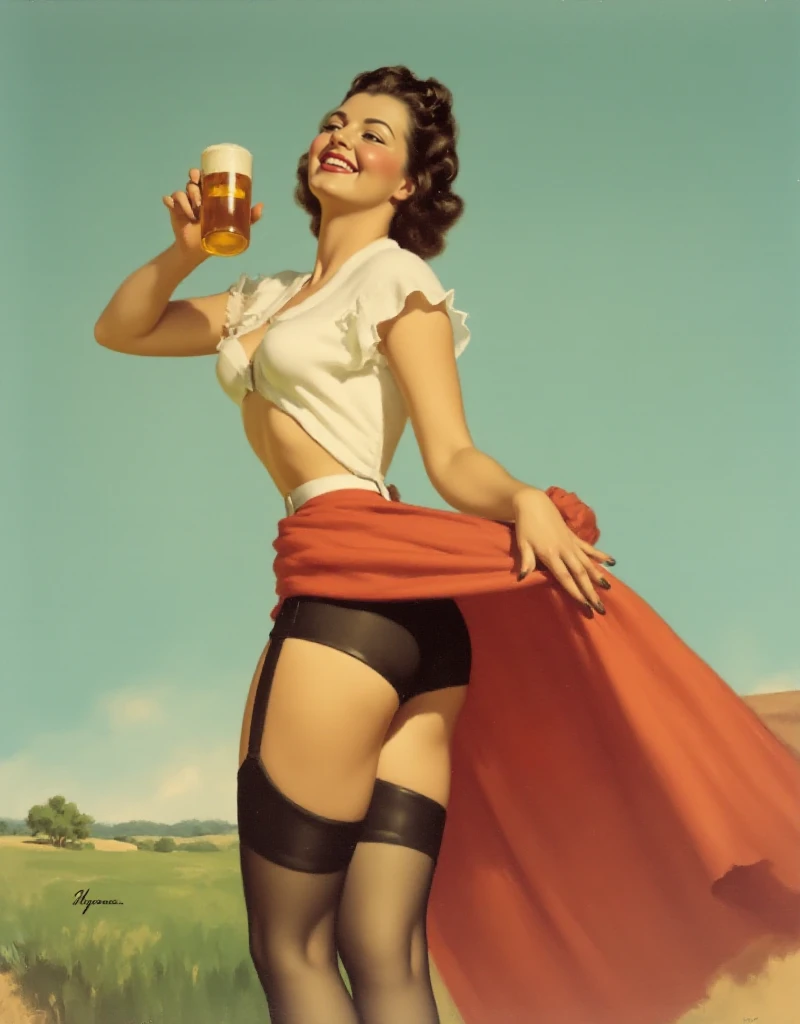<lora:Pinup_Art:0.9> pinup art. full body. a woman holds a beer. She wears revealing shirt and skirt lifted up by wind. garter straps. smiling